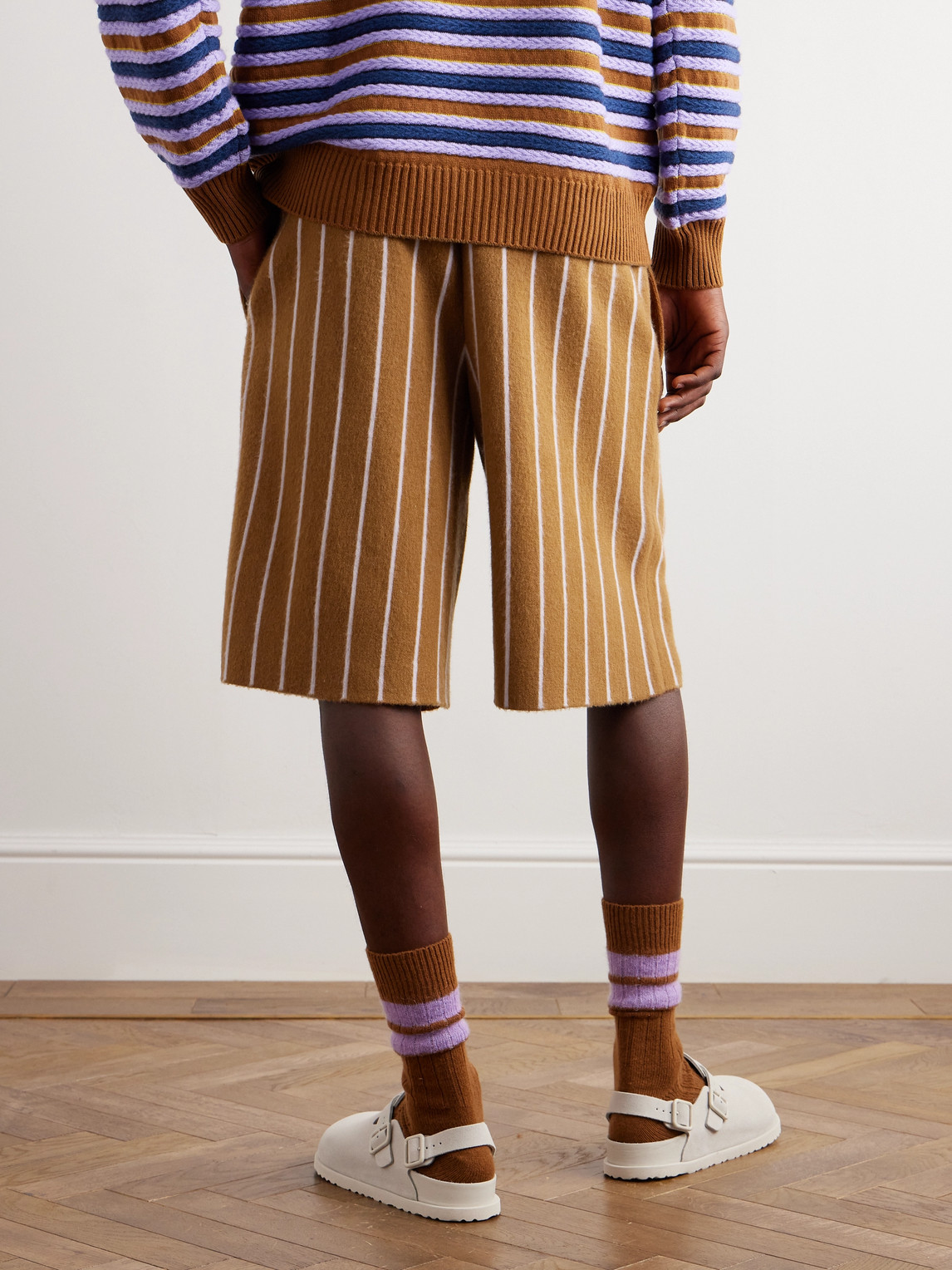 Shop Zegna X The Elder Statesman Straight-leg Striped Brushed-cashmere Shorts In Brown