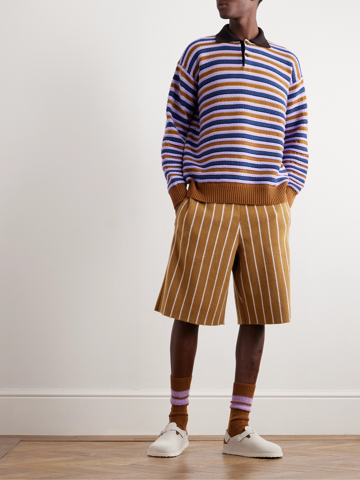 Shop Zegna X The Elder Statesman Straight-leg Striped Brushed-cashmere Shorts In Brown