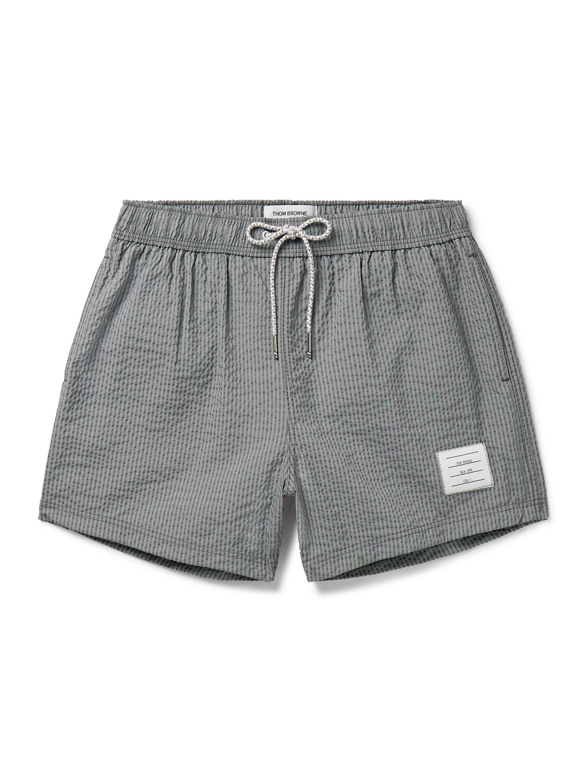 Thom Browne Straight-leg Mid-length Striped Seersucker Swim Shorts In Grey