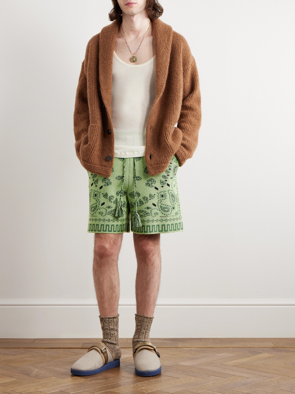 Shop Alanui Straight-leg Embroidered Cotton-piqué Drawstring Shorts In Green