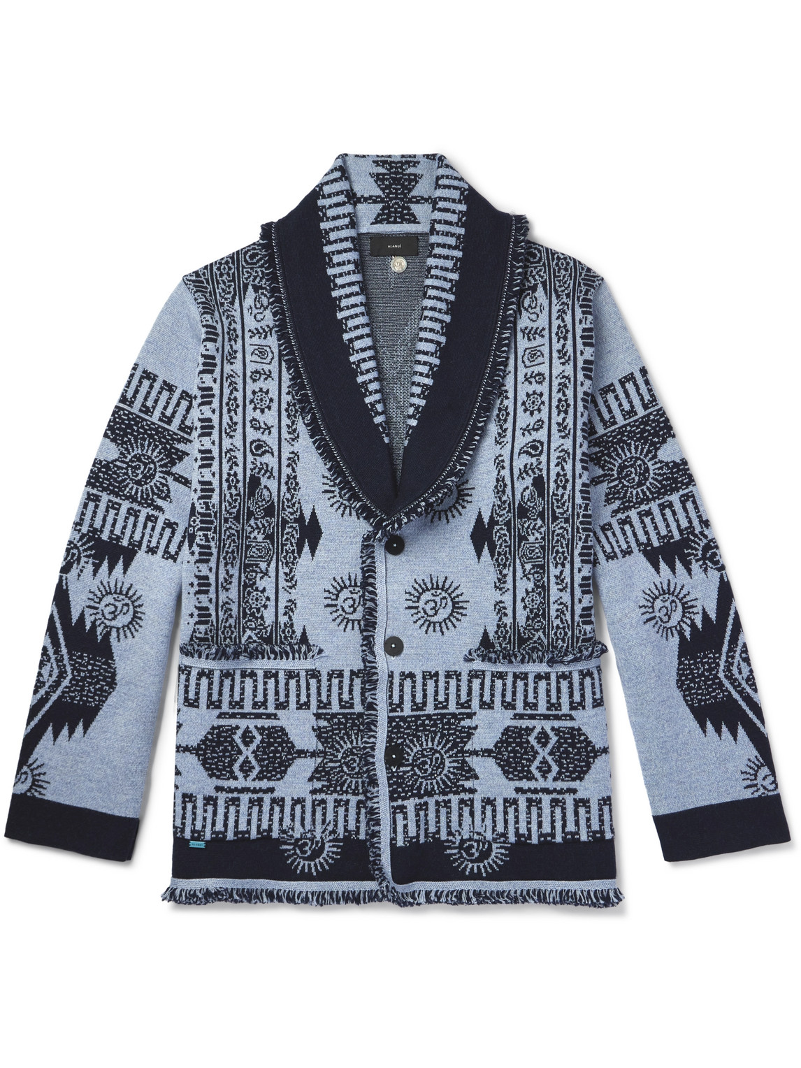 Shop Alanui Shawl-collar Fringed Wool-blend Jacquard Cardigan In Blue