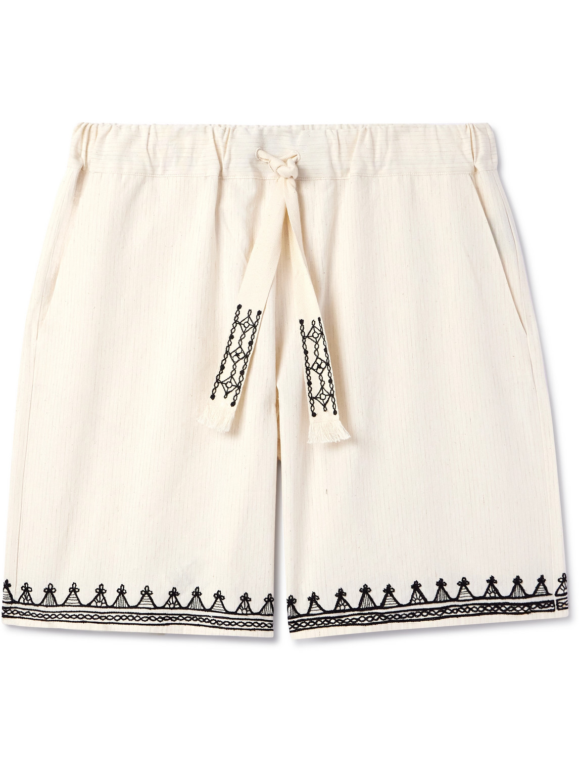 Alanui Akasha Wide-leg Embroidered Pinstriped Cotton-blend Drawstring Shorts In Neutrals