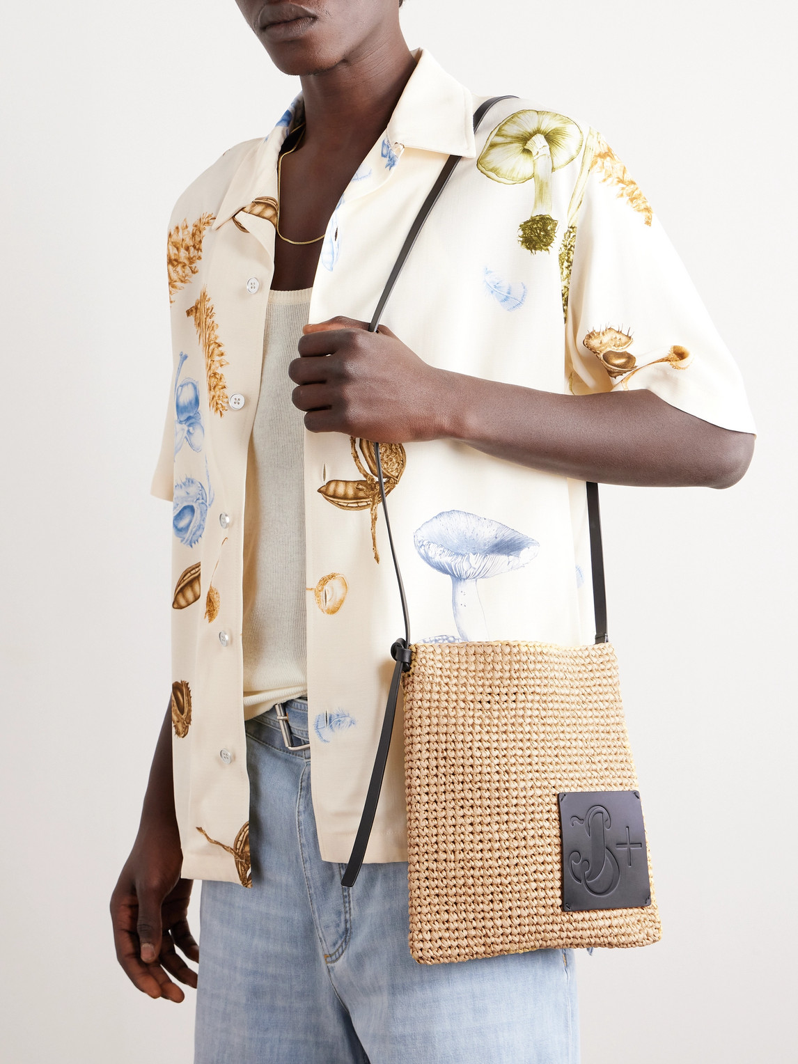 Shop Jil Sander Leather-trimmed Raffia Messenger Bag In Neutrals