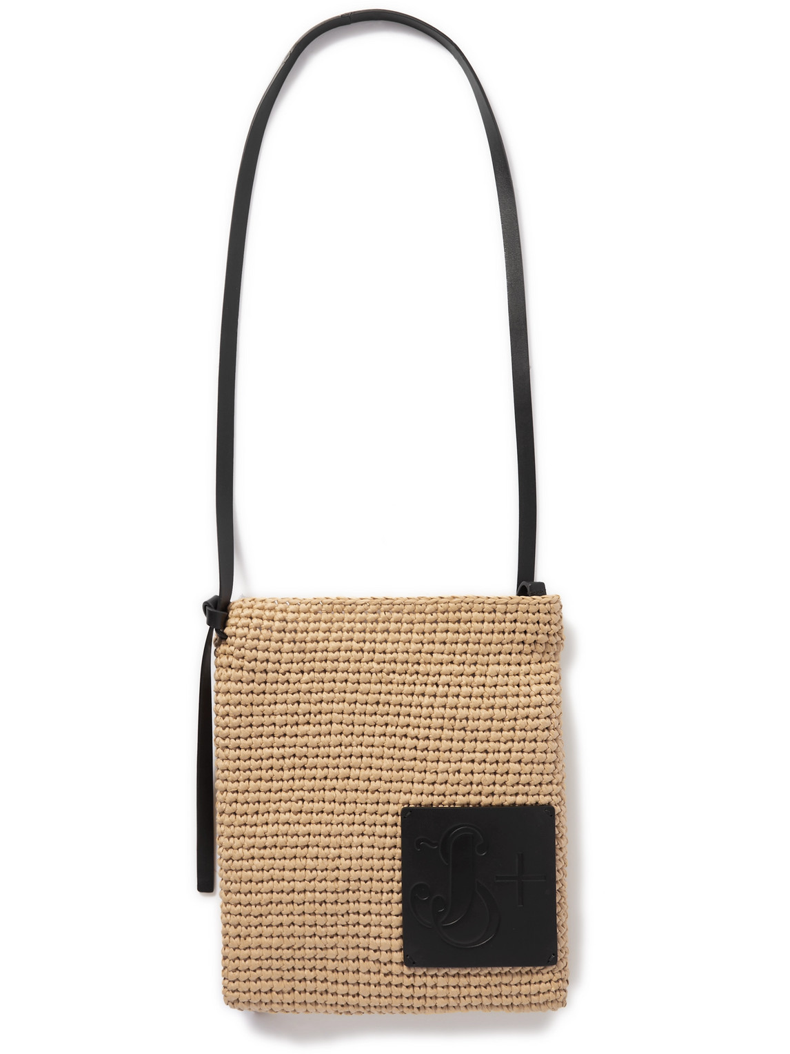 Leather-Trimmed Raffia Messenger Bag