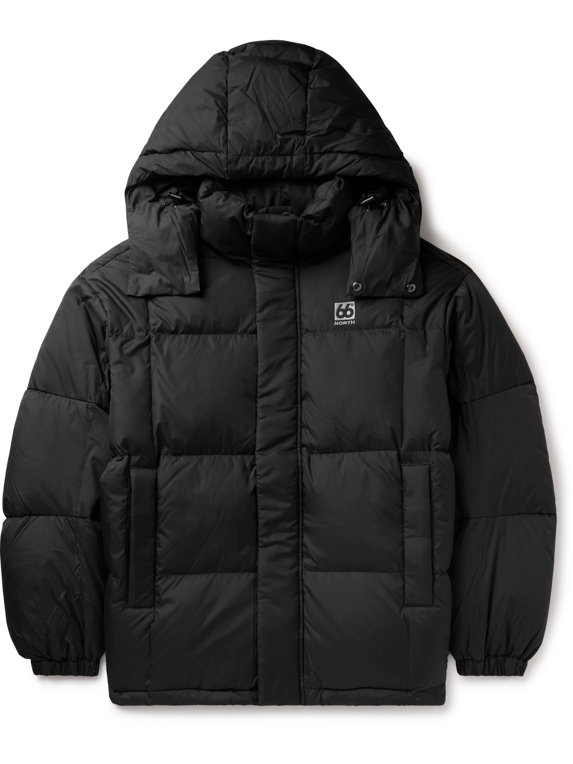 66 North Dyngja Hooded Down Jacket In Obsidian