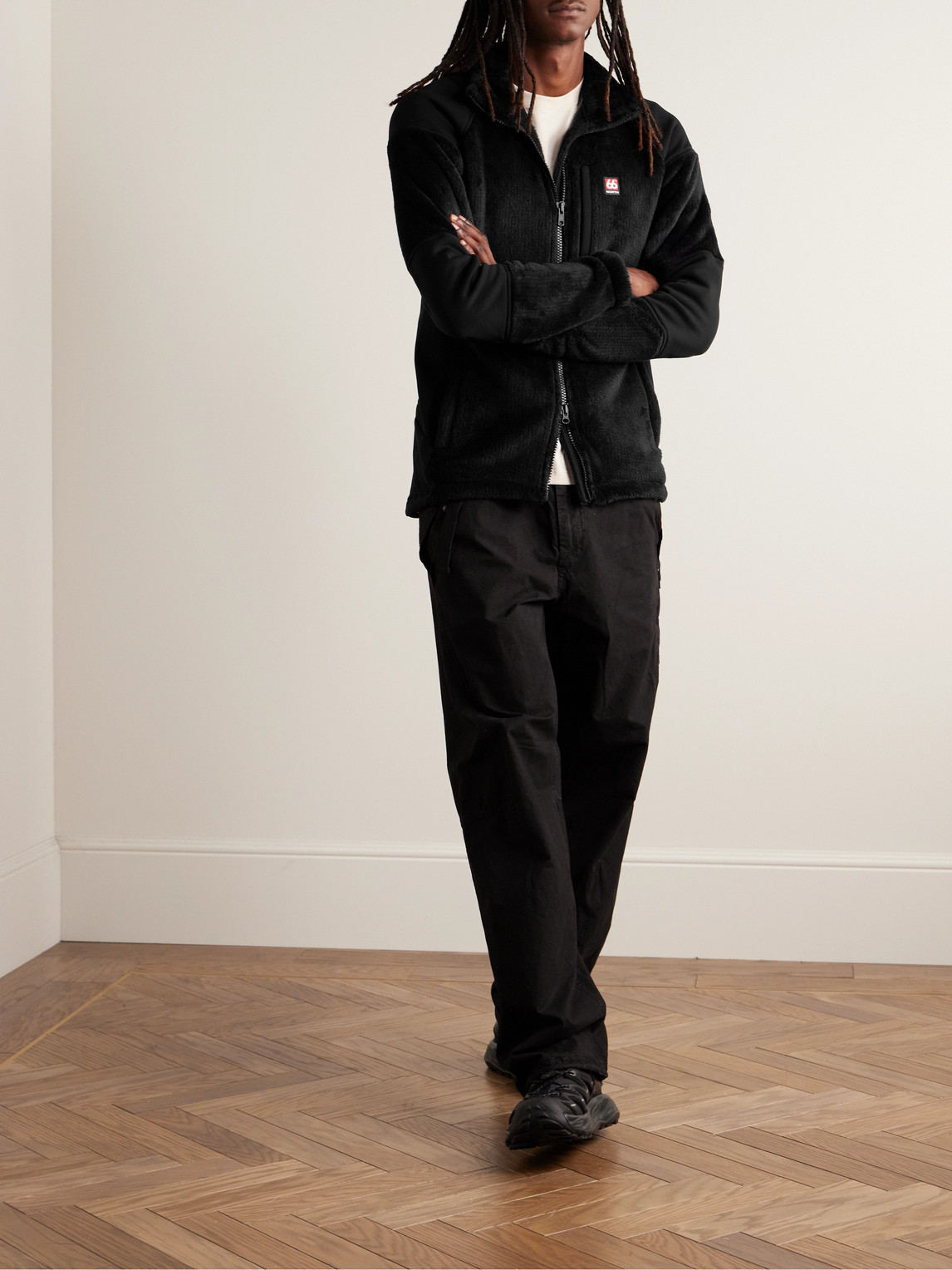 Shop 66 North Tindur Logo-appliquéd Jersey-panelled Fleece Jacket In Black