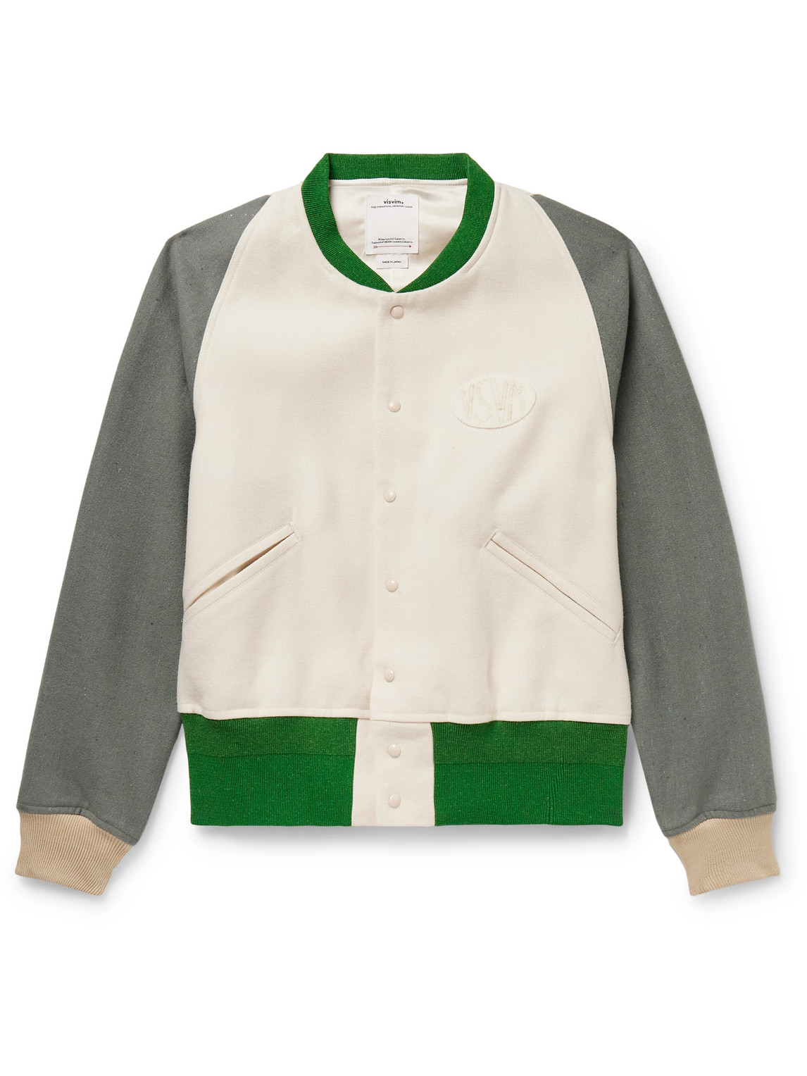Visvim Colour-block Logo-appliquéd Wool And Linen-blend Varsity Jacket In Green