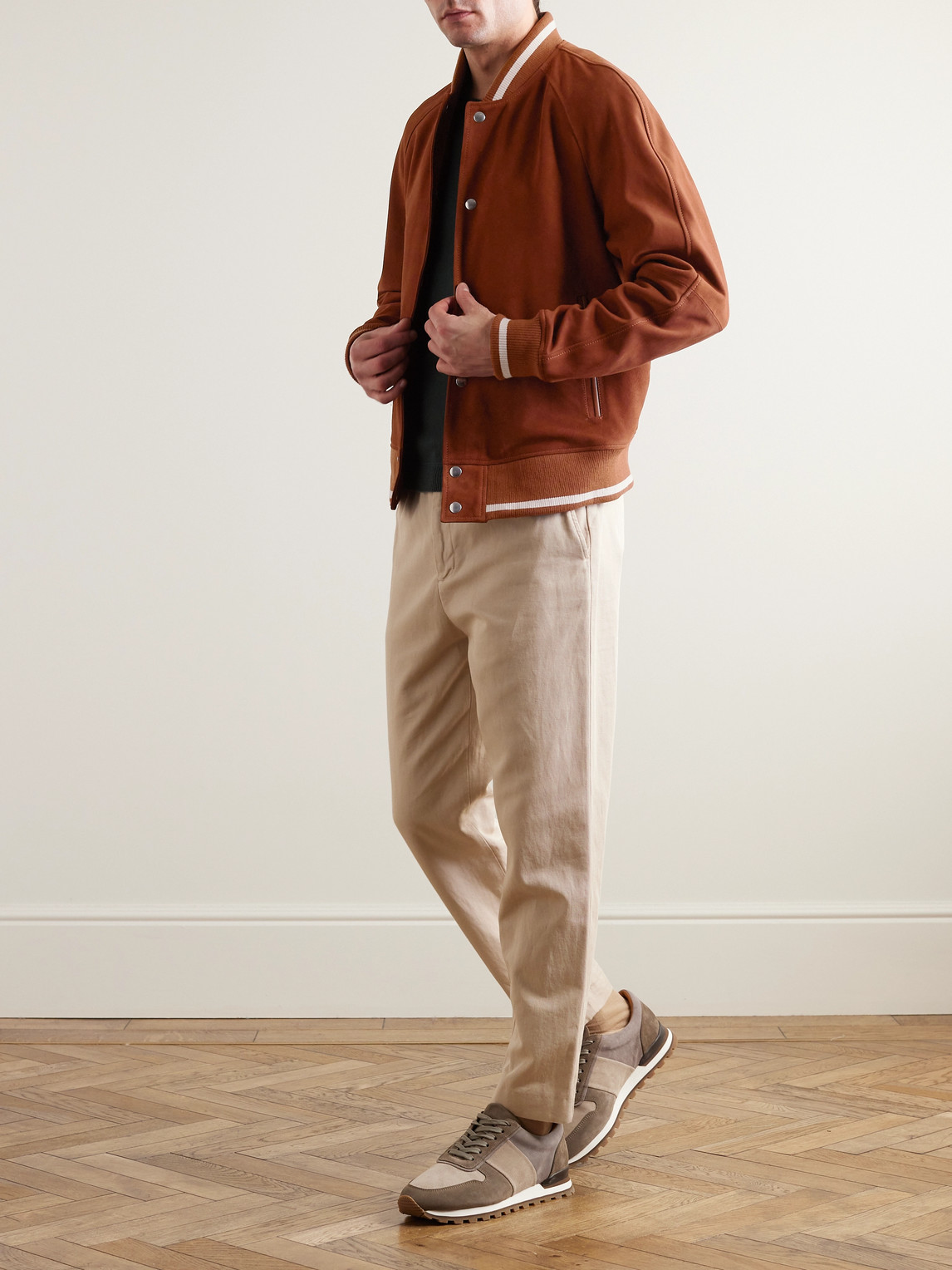 Shop Mr P Striped Suede Varsity Jacket In Brown