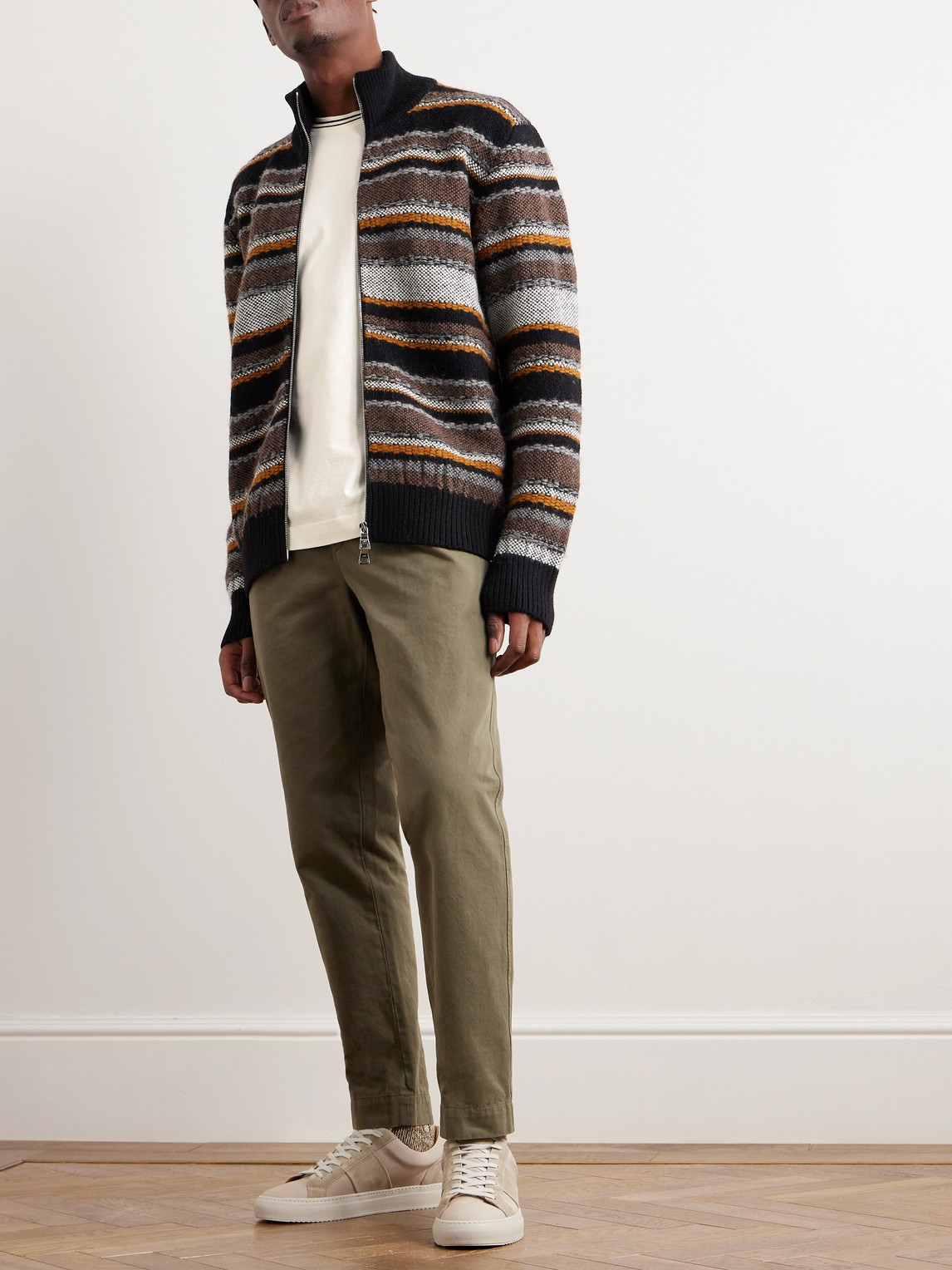 Mr P Striped Pointelle-trimmed Cotton-jersey T-shirt In Neutrals