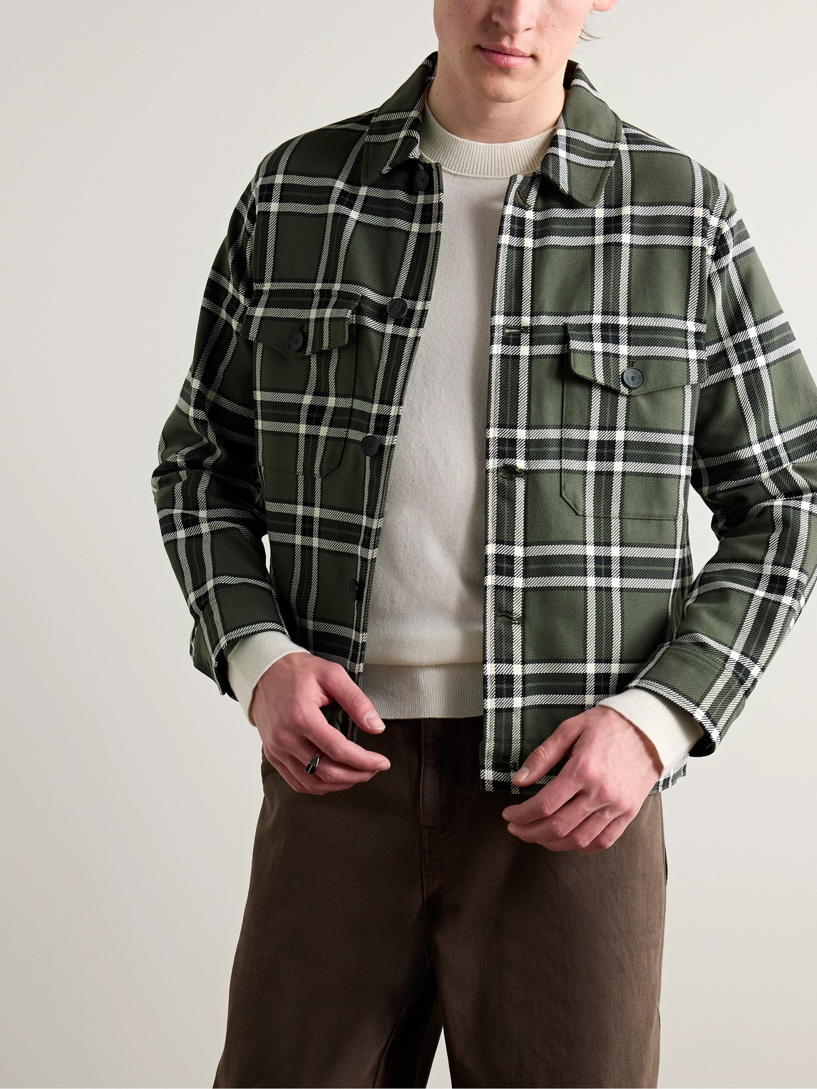 Shop Mr P Checked Cotton Overshirt In Green