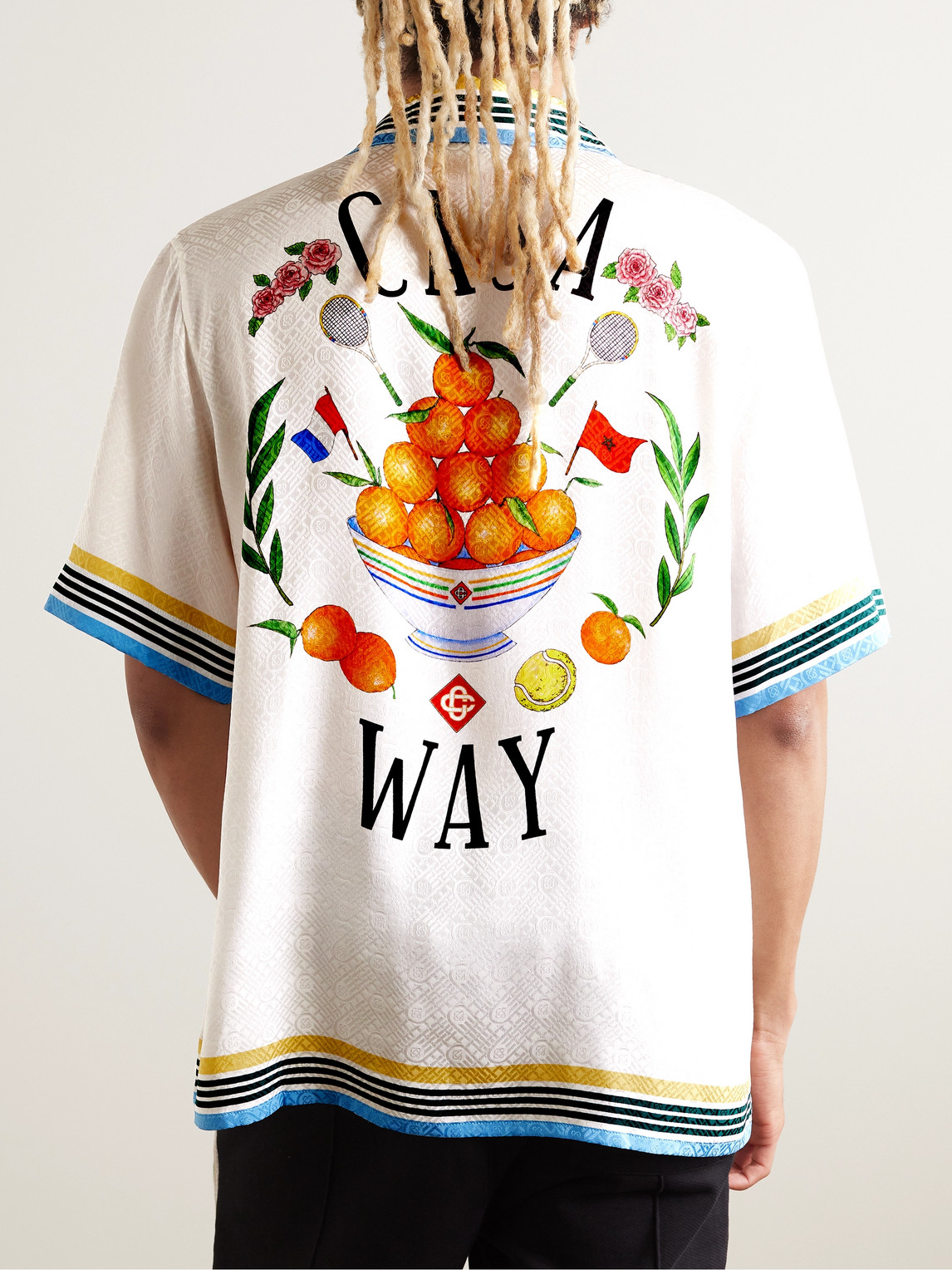 Shop Casablanca Casa Way Camp-collar Striped Logo-print Silk-twill Shirt In White