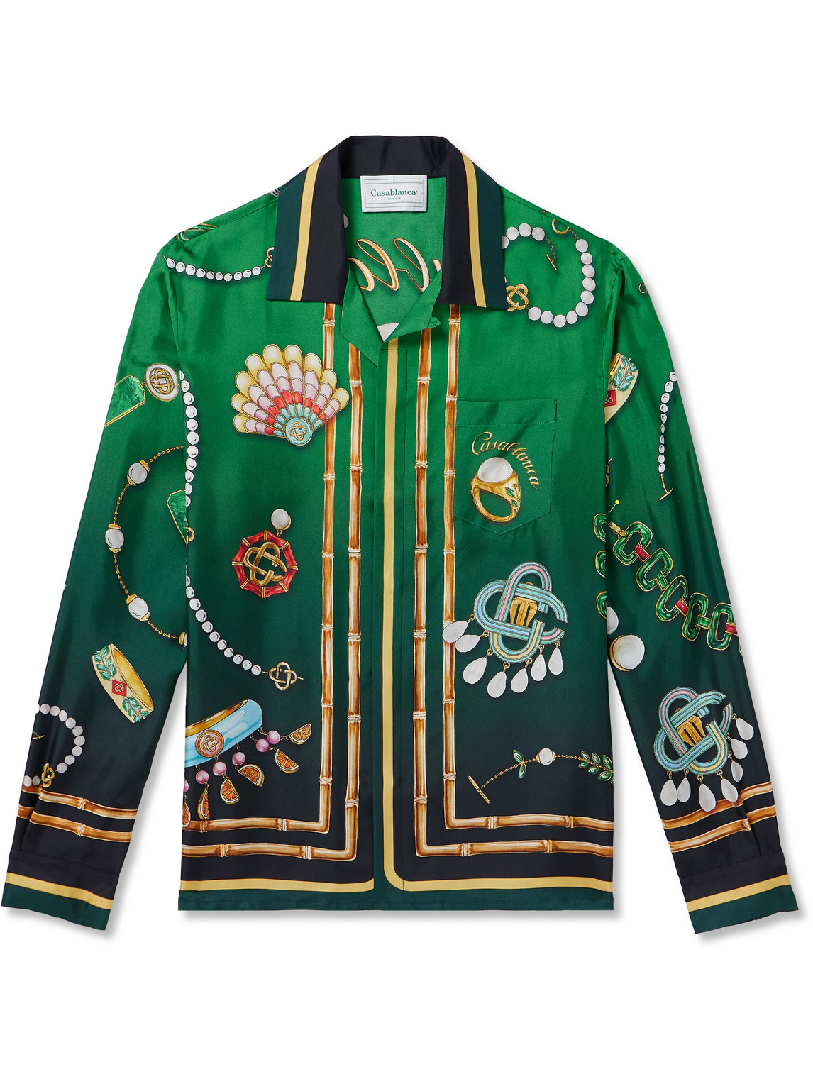 Shop Casablanca La Boite A Bijoux Convertible-collar Printed Silk-twill Shirt In Green