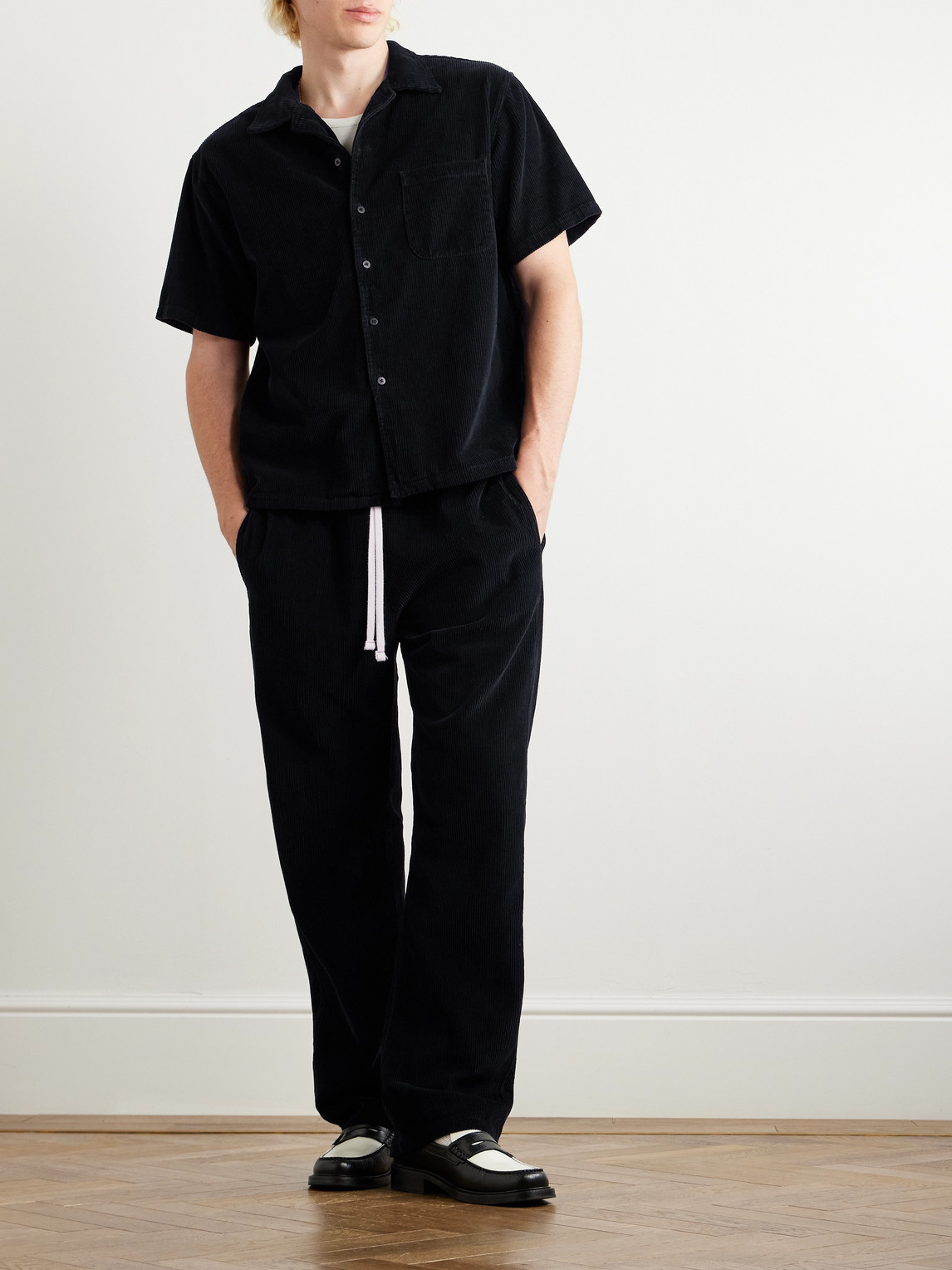 Shop Les Tien Camp-collar Garment-dyed Cotton-corduroy Shirt In Black