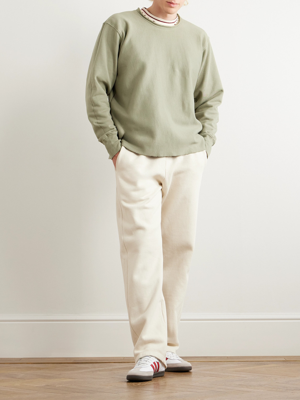 Shop Les Tien Distressed Cotton-jersey Sweatshirt In Green