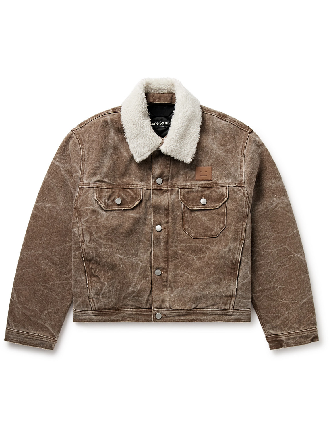 Acne Studios Orsan Fleece-trimmed Padded Distressed Cotton-canvas Jacket In Brown