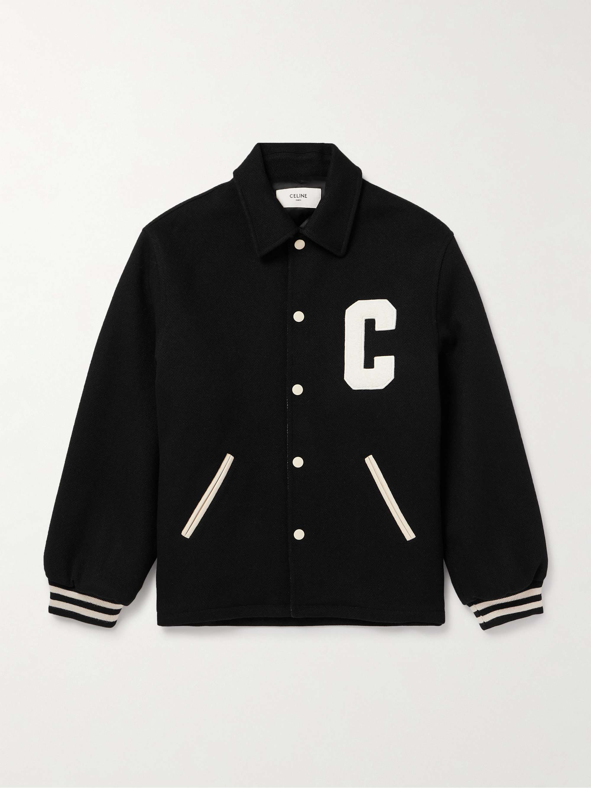 CELINE HOMME Teddy Logo-Appliquéd Leather-Trimmed Wool-Blend Bomber ...