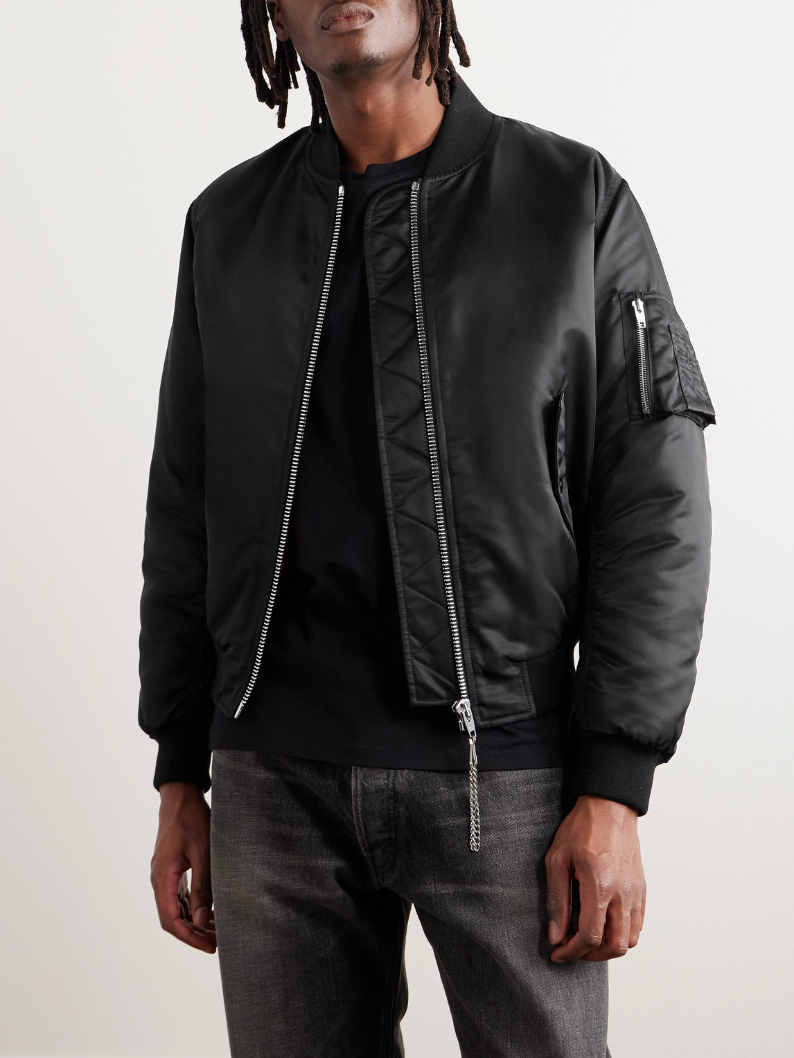Celine Logo-print Chain-embellished Shell Bomber Jacket In Black