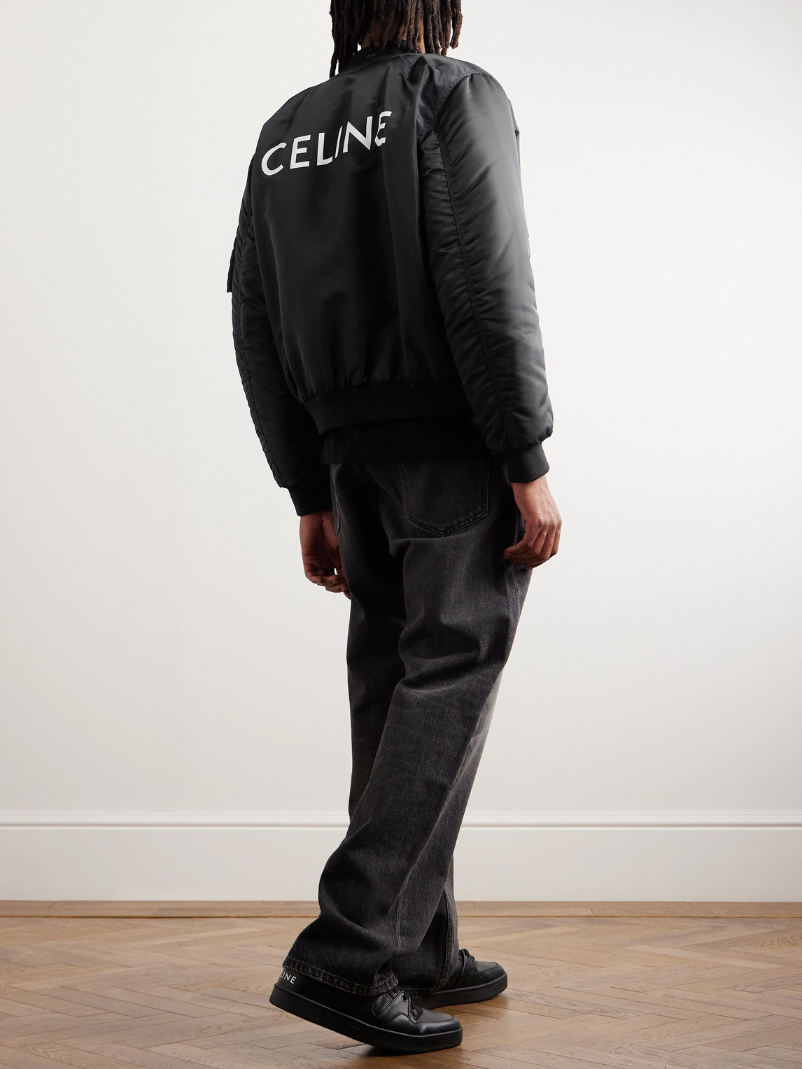 Celine Logo-print Chain-embellished Shell Bomber Jacket In Black