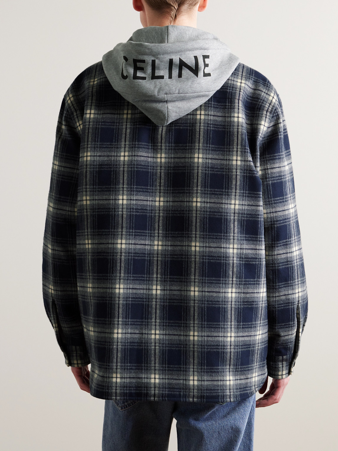 Celine Checked Wool And Logo-print Cotton-jersey Hooded Overshirt In Blue