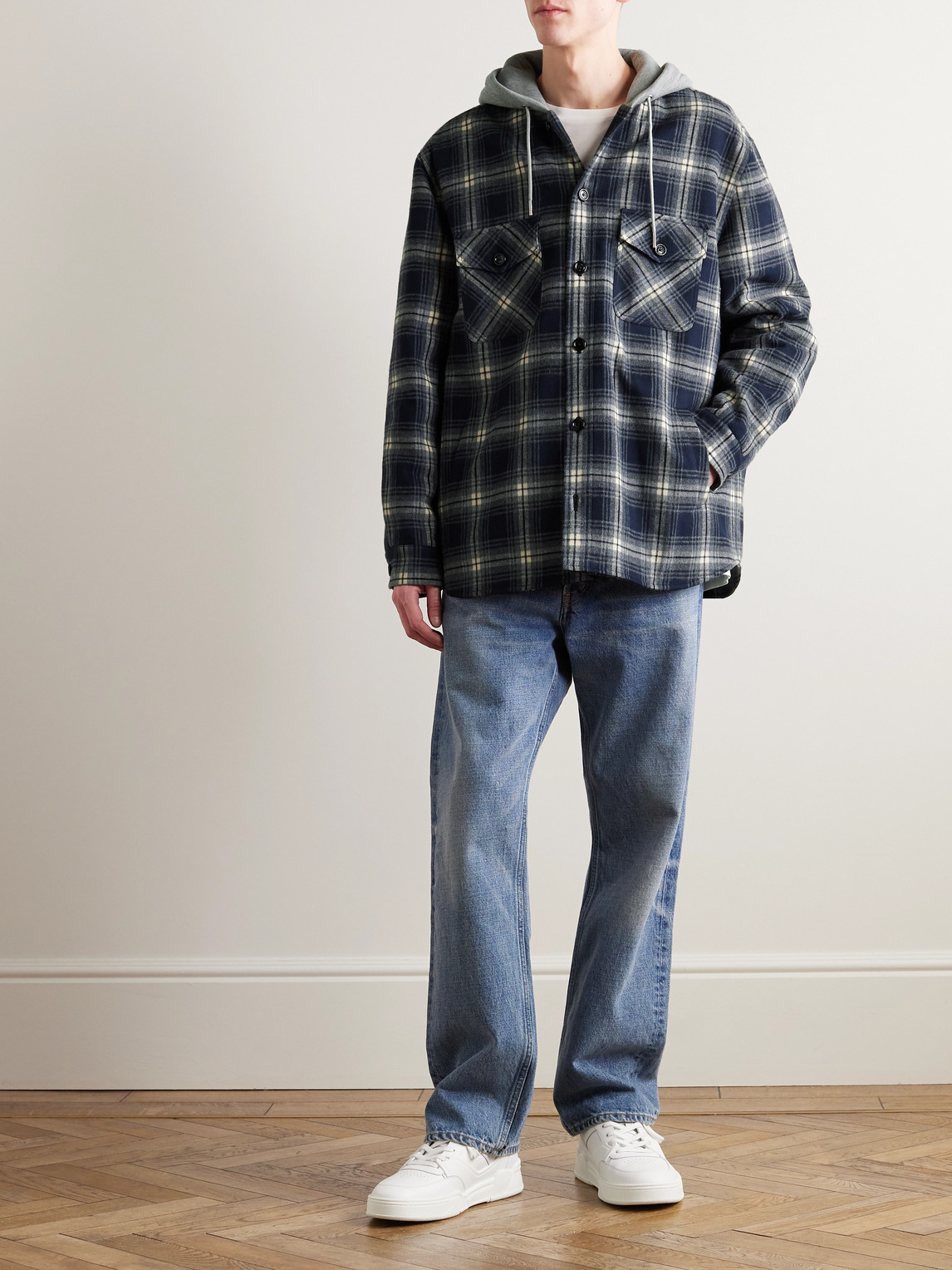 Celine Checked Wool And Logo-print Cotton-jersey Hooded Overshirt In Blue