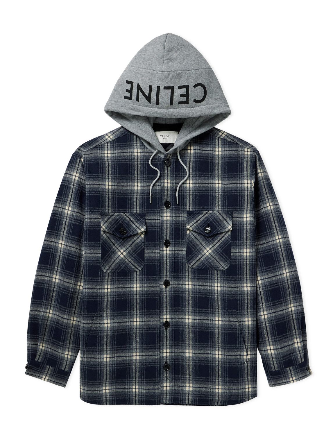 Celine Checked Wool And Logo-print Cotton-jersey Hooded Overshirt In Blue