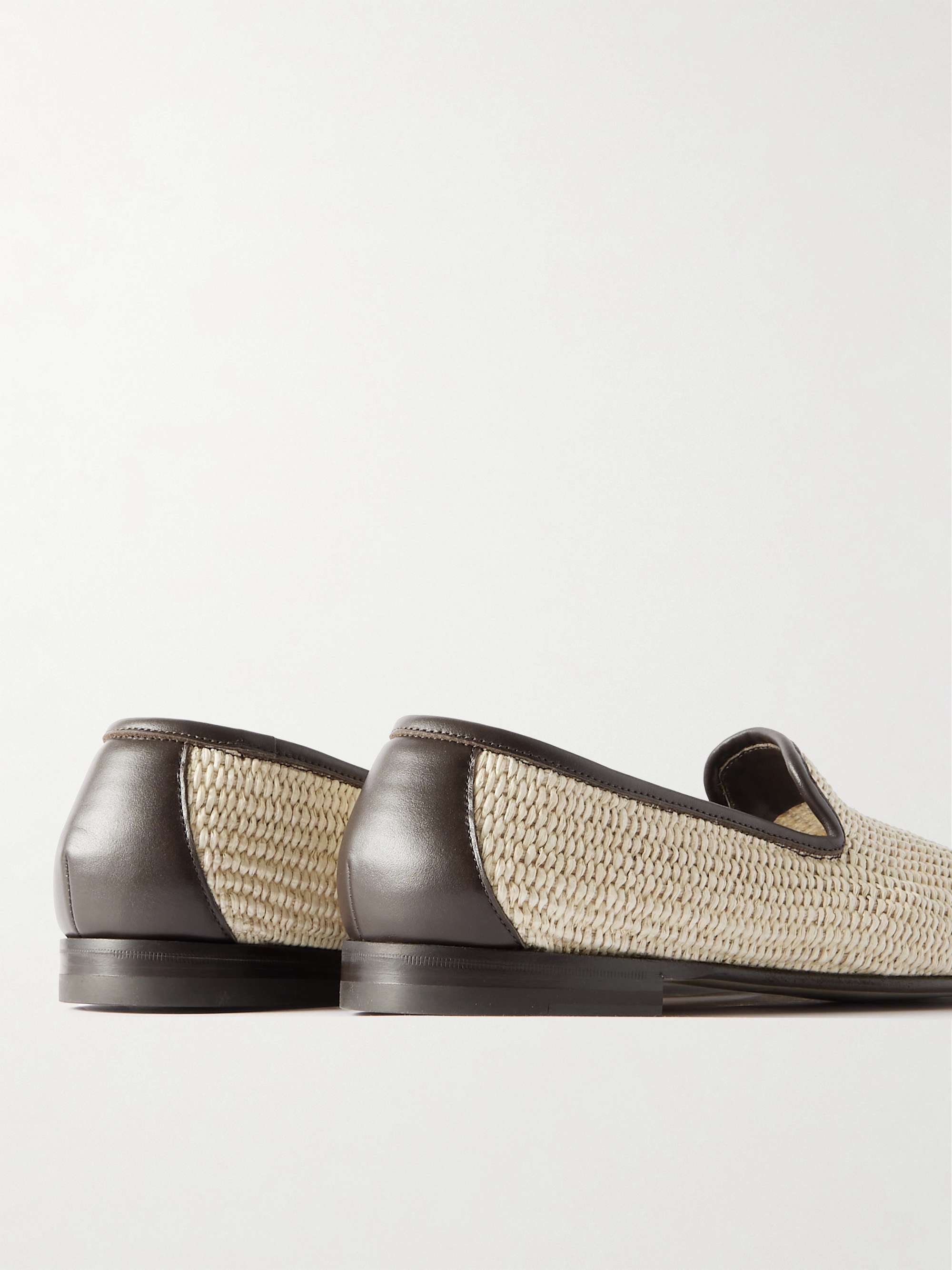 MANOLO BLAHNIK Mario Leather-Trimmed Raffia Loafers