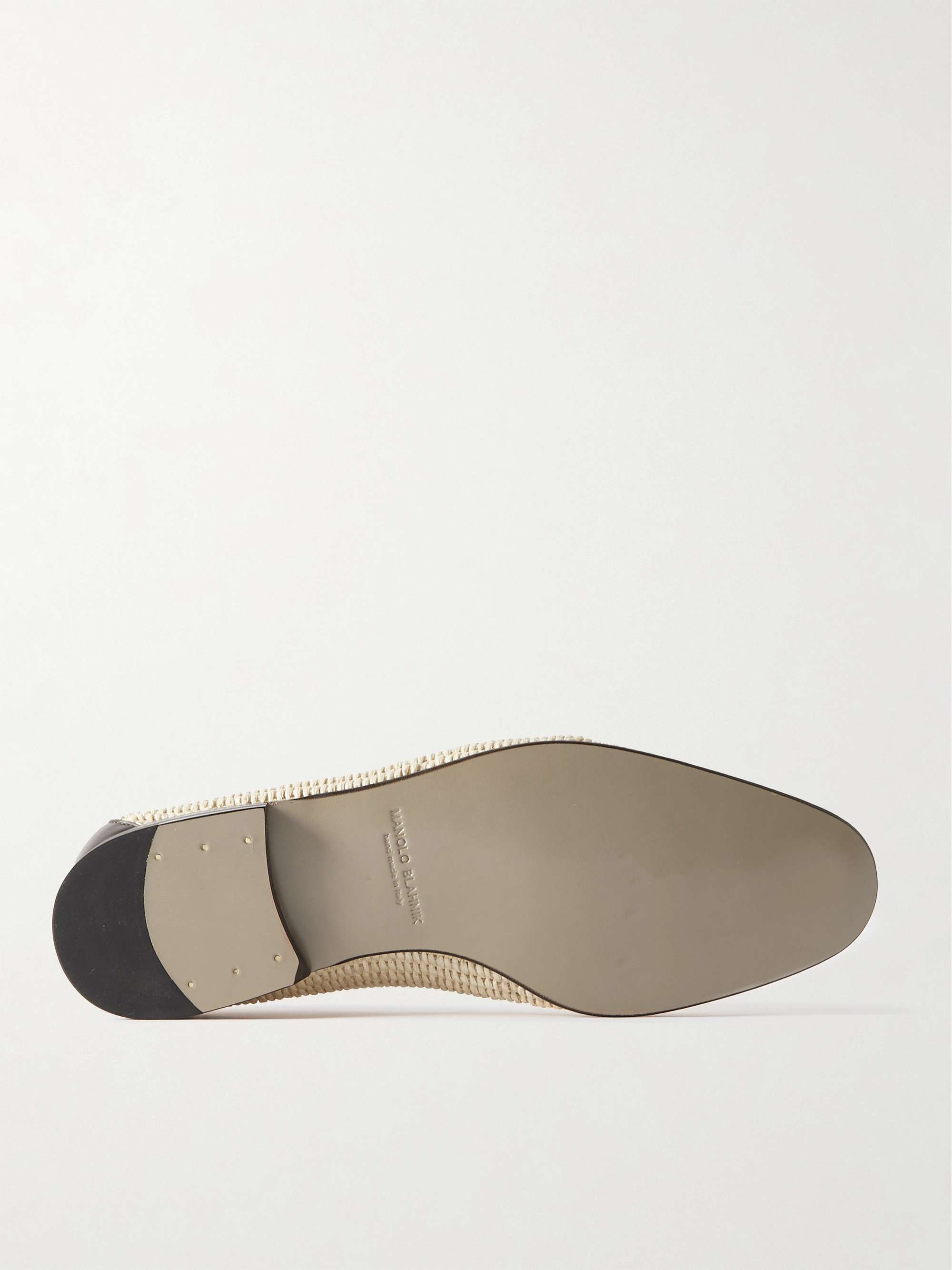 MANOLO BLAHNIK Mario Leather-Trimmed Raffia Loafers