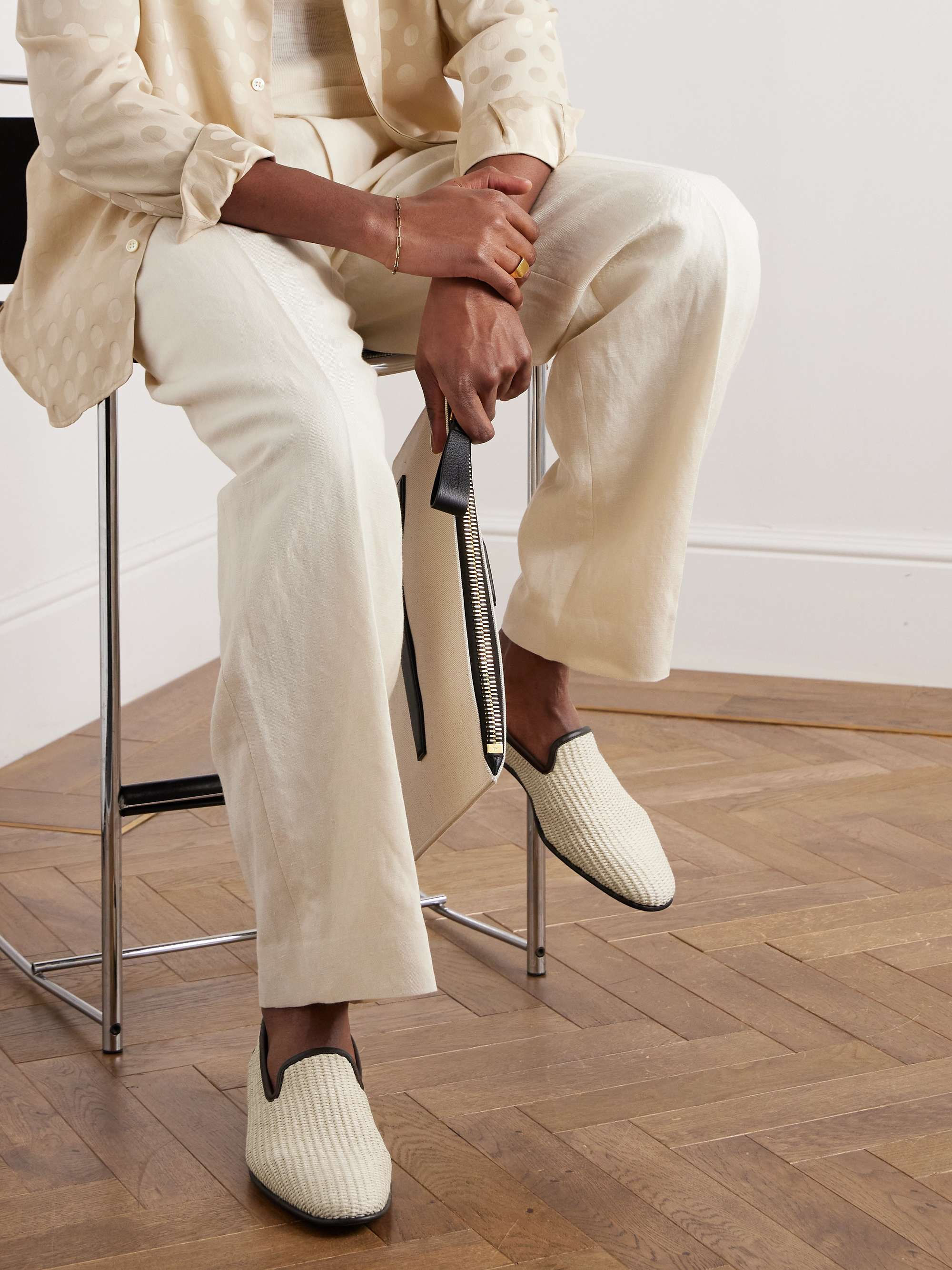 MANOLO BLAHNIK Mario Leather-Trimmed Raffia Loafers