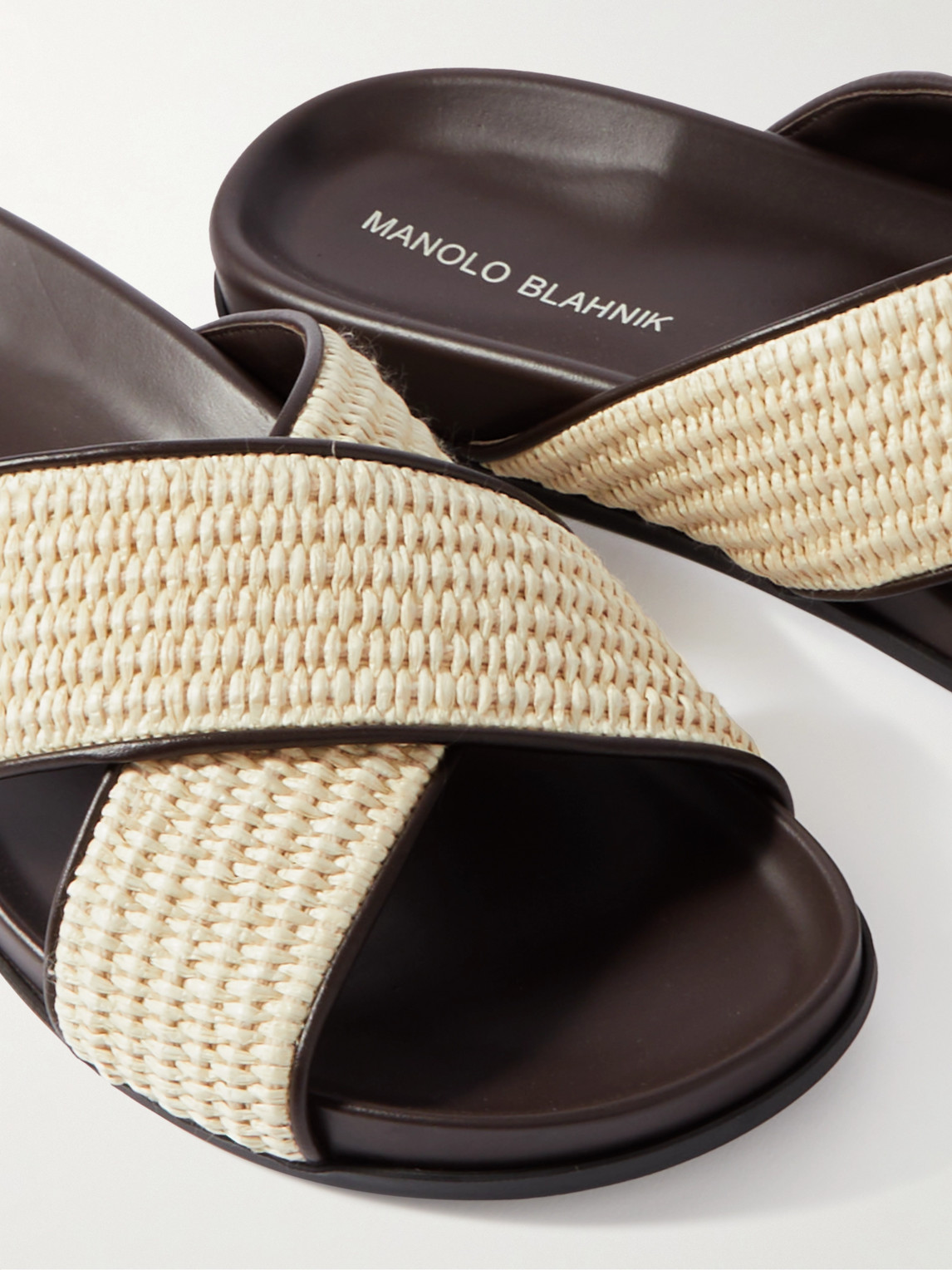 Shop Manolo Blahnik Chiltern Leather-trimmed Raffia Sandals In Neutrals