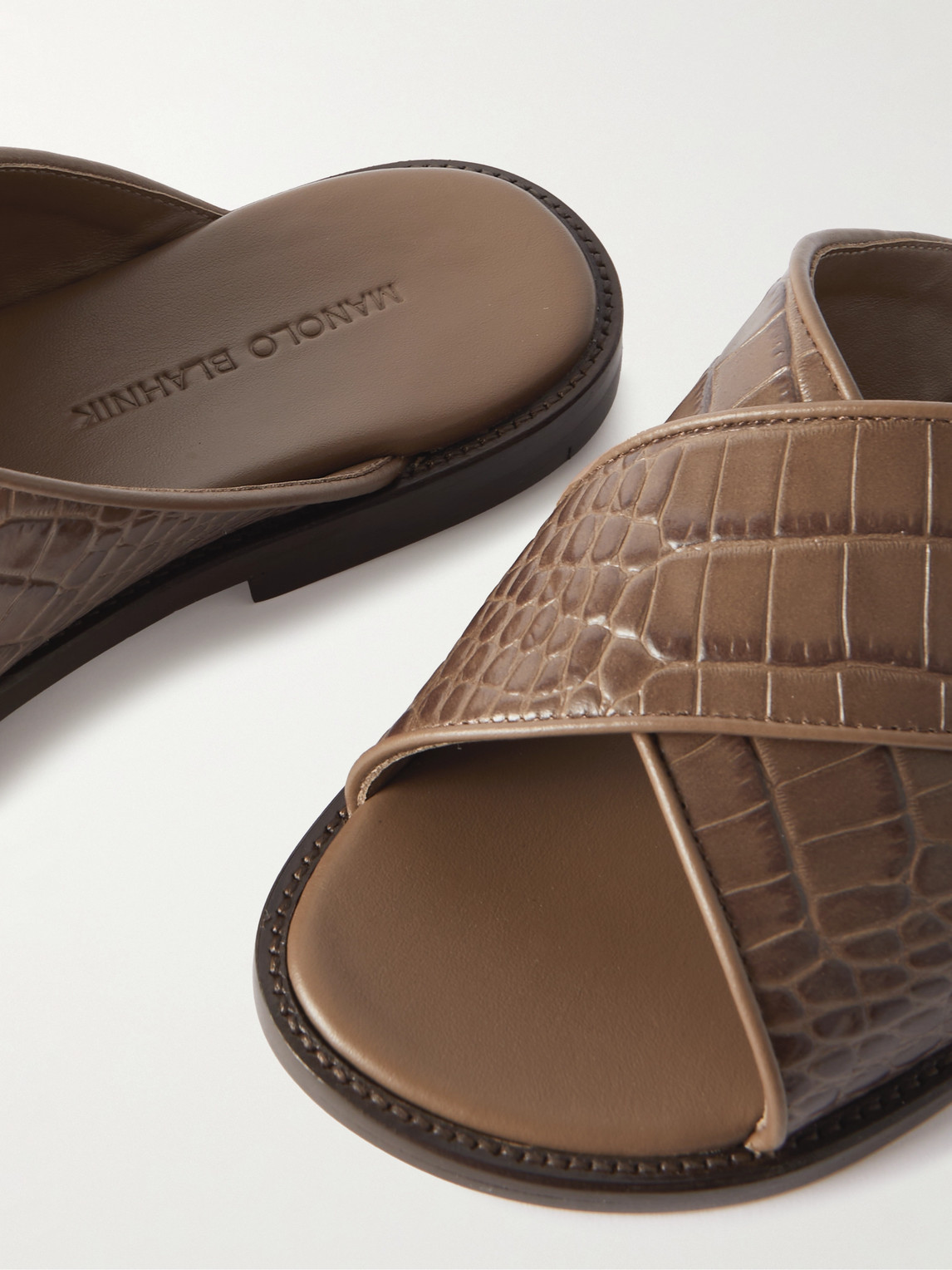 Manolo Blahnik Otawi Leather-trimmed Raffia Sandals In Brown