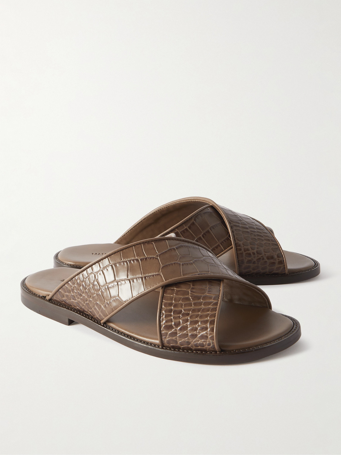 Shop Manolo Blahnik Otawi Croc-effect Leather Sandals In Brown