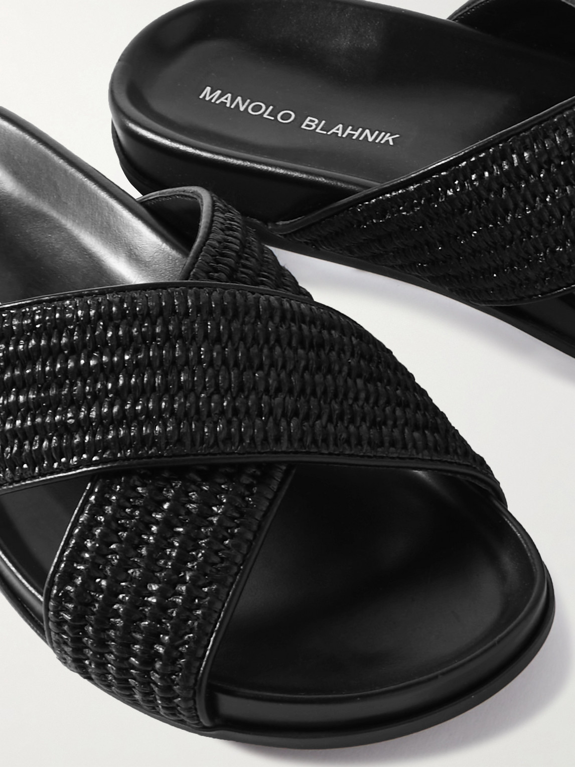Shop Manolo Blahnik Chiltern Leather-trimmed Raffia Slides In Black