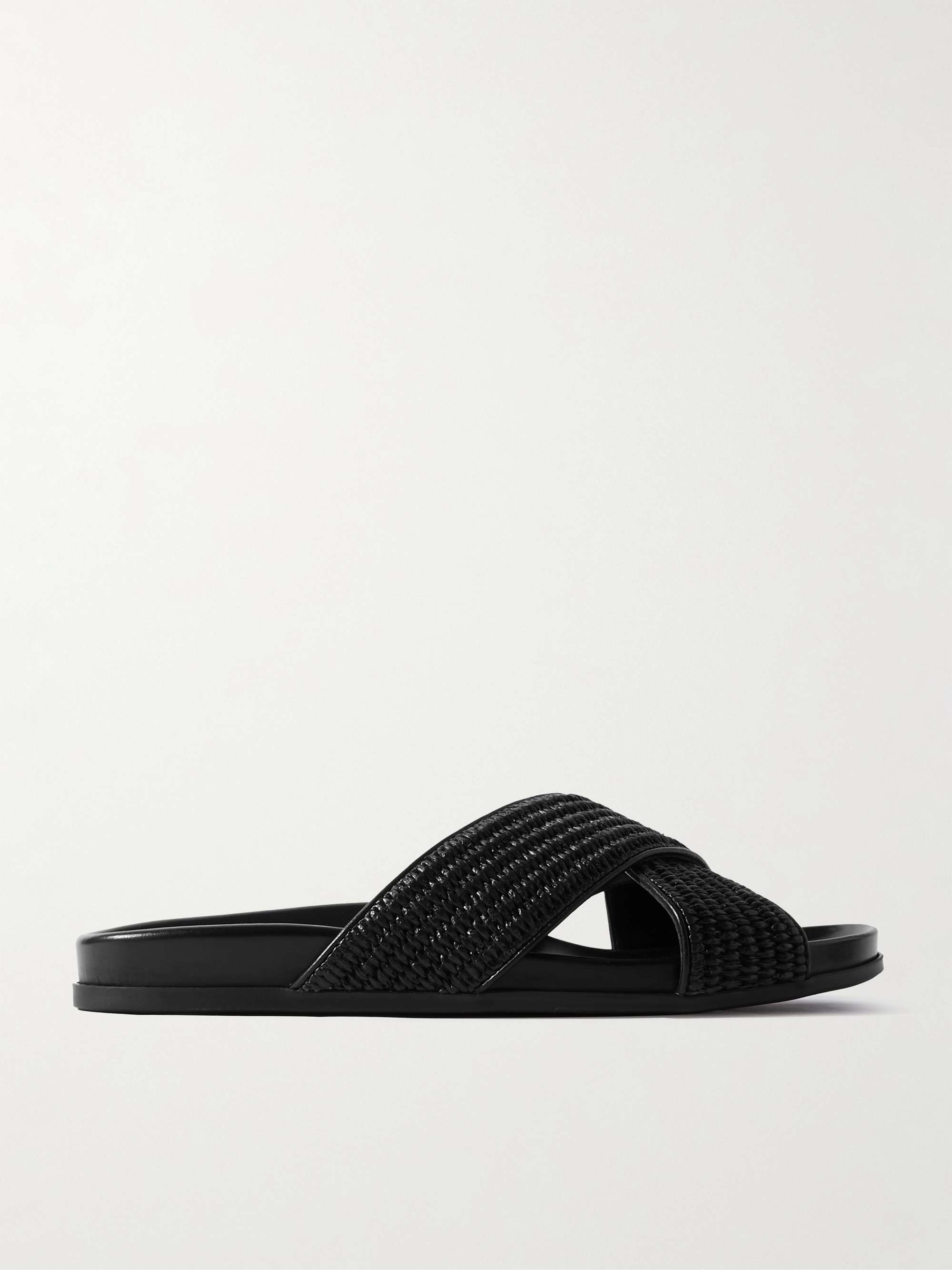MANOLO BLAHNIK Chiltern Leather Trimmed Raffia Slides 2025