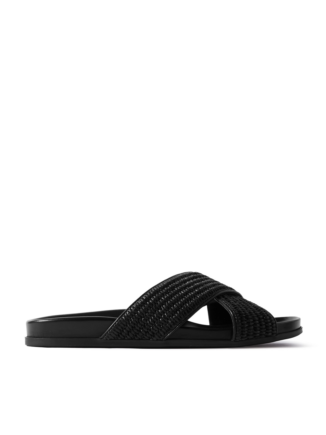 Shop Manolo Blahnik Chiltern Leather-trimmed Raffia Slides In Black