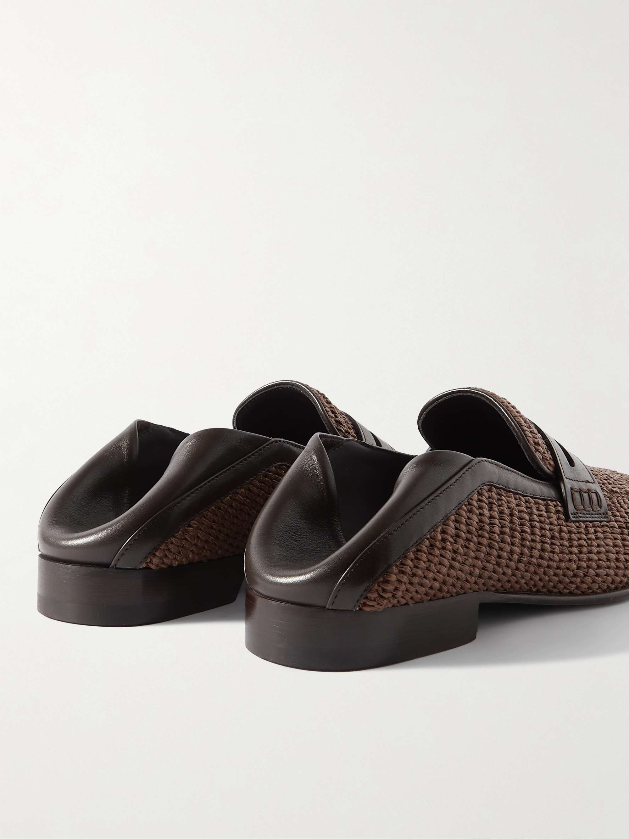 MANOLO BLAHNIK Padstow Collapsible-Heel Leather-Trimmed Raffia Loafers