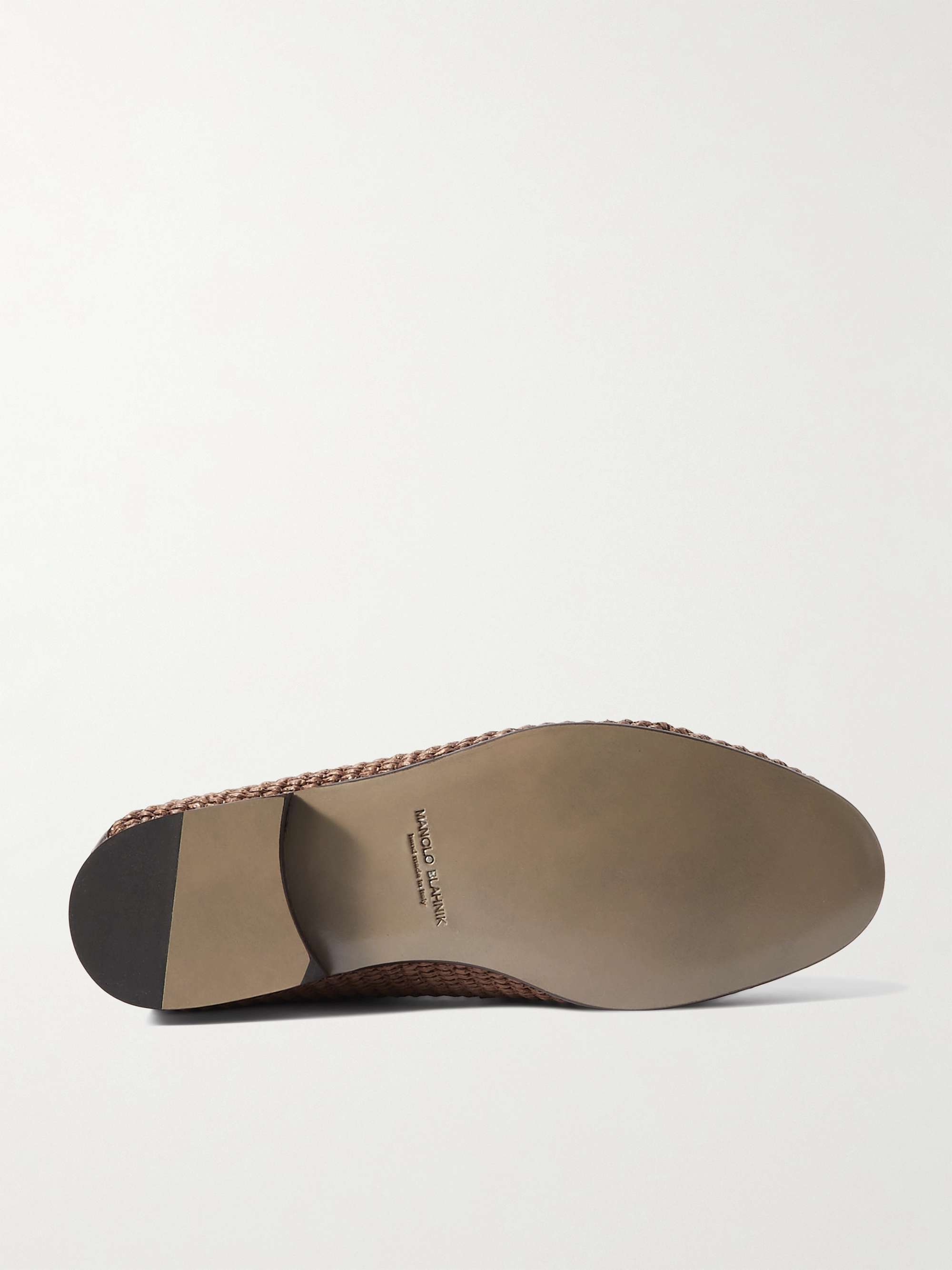 MANOLO BLAHNIK Padstow Collapsible-Heel Leather-Trimmed Raffia Loafers