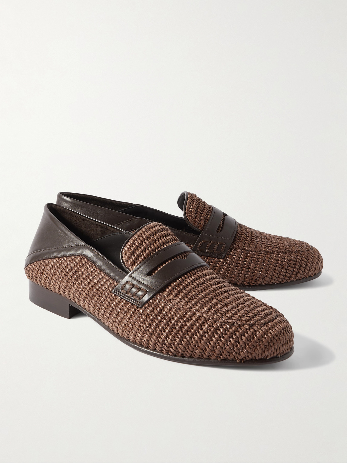 Padstow Leather-Trimmed Raffia Loafers