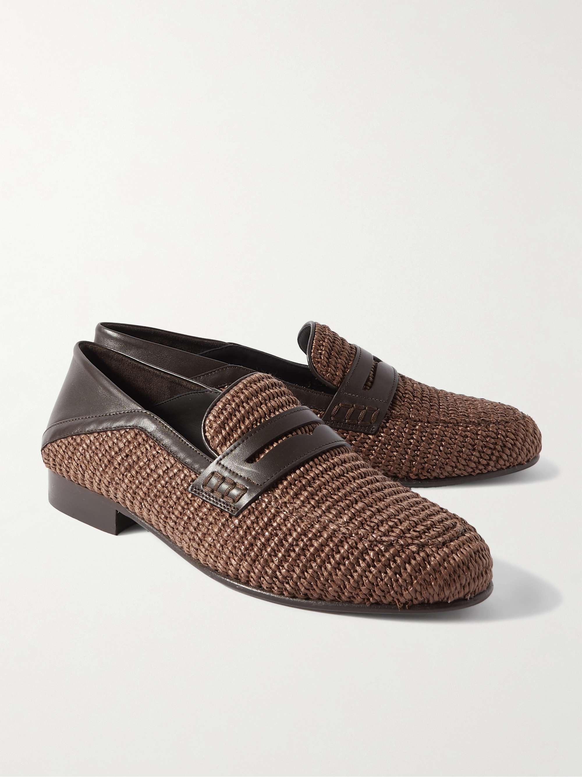 MANOLO BLAHNIK Padstow Collapsible-Heel Leather-Trimmed Raffia Loafers