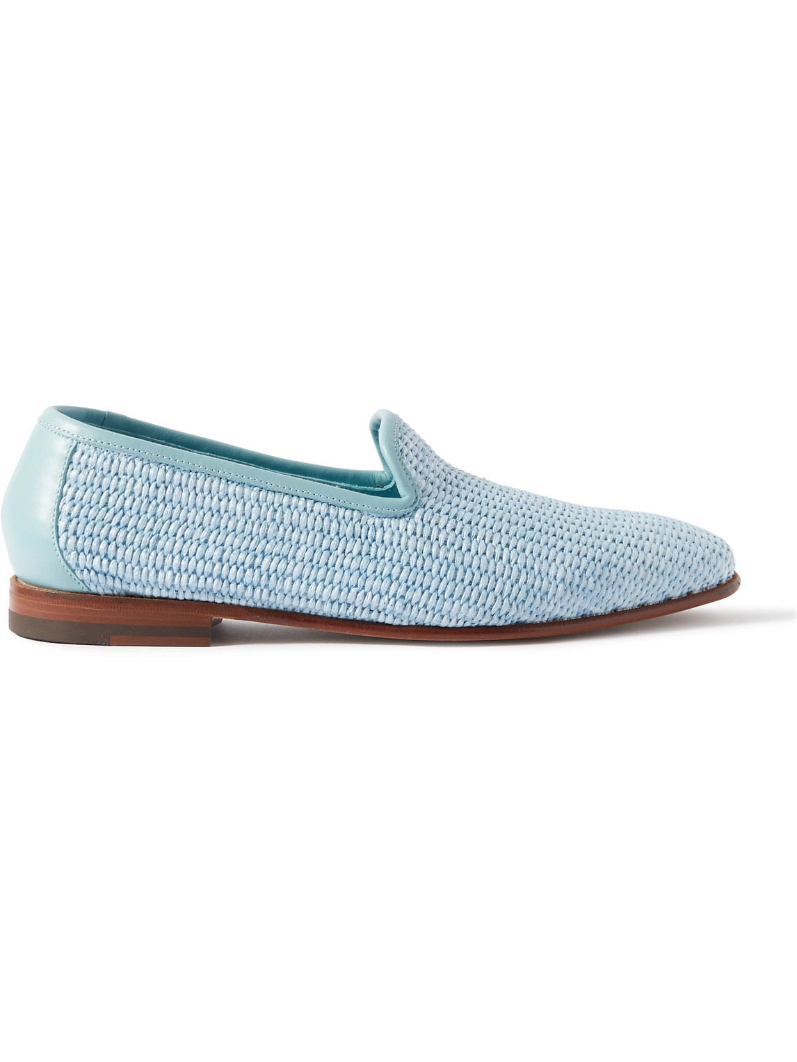 Manolo Blahnik Mario Leather-trimmed Raffia Loafers In Blue