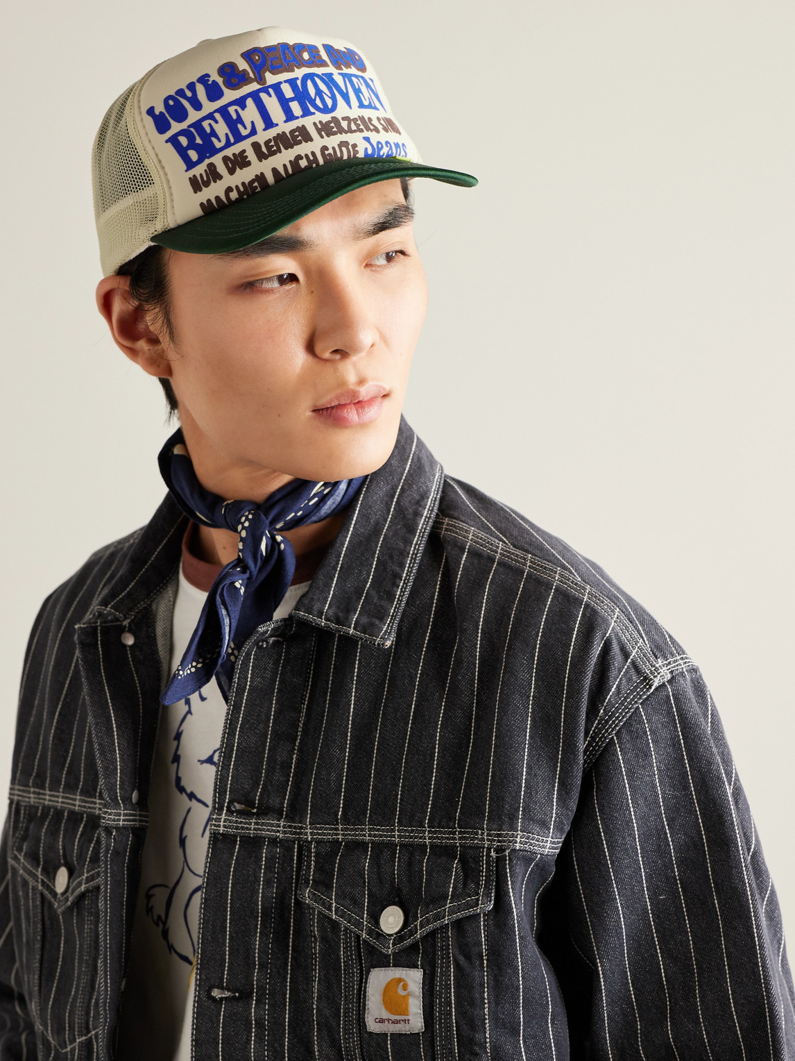 Shop Kapital Love & Peace And Beethoven Printed Neoprene And Mesh Trucker Cap In Neutrals