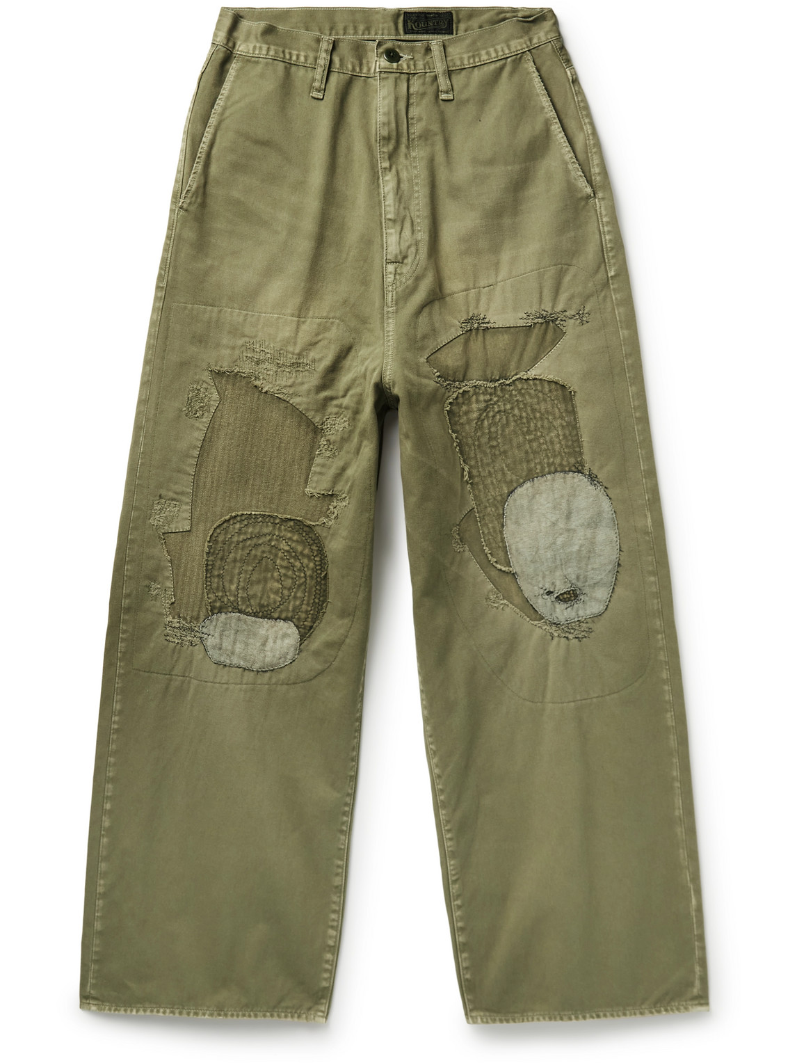 Kapital Katsuragi Port Wide-leg Patchwork Distressed Cotton-twill Trousers In Green