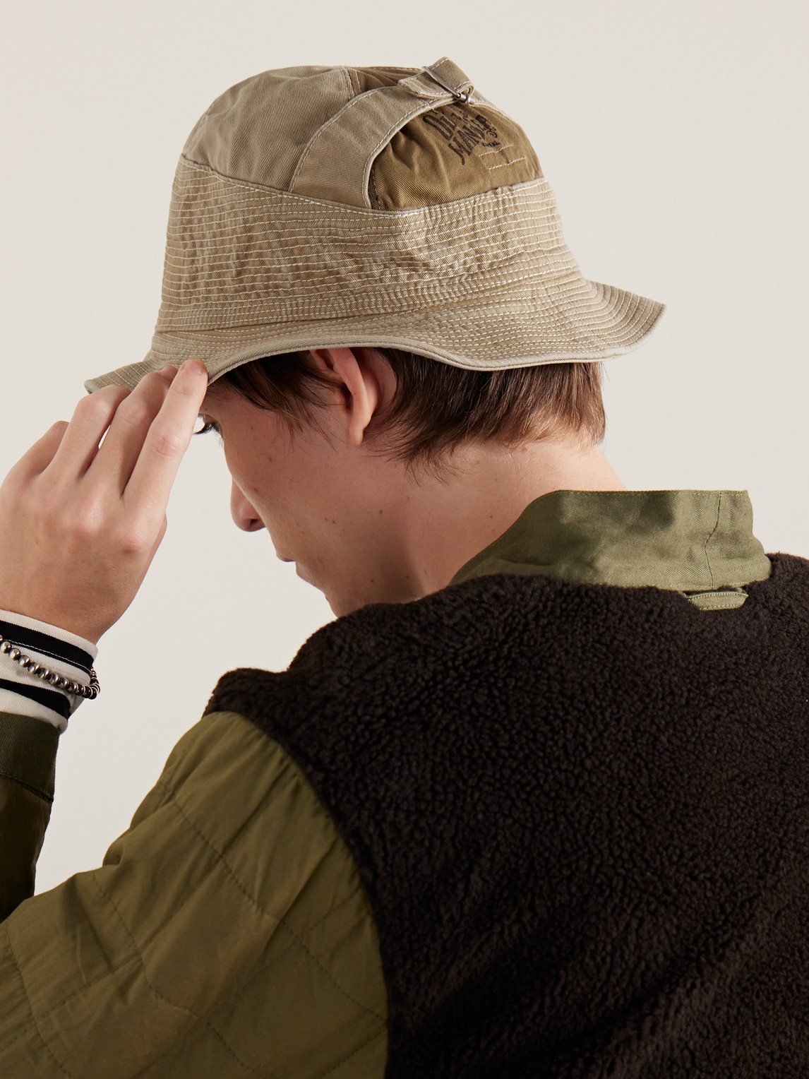 Shop Kapital The Old Man And The Sea Distressed Buckled Cotton-twill Bucket Hat In Neutrals