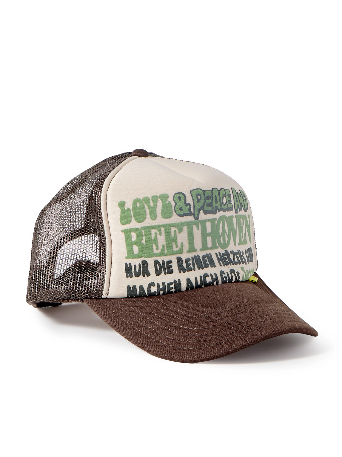 Kapital Love & Peace And Beethoven Printed Neoprene And Mesh Trucker Cap In Brown