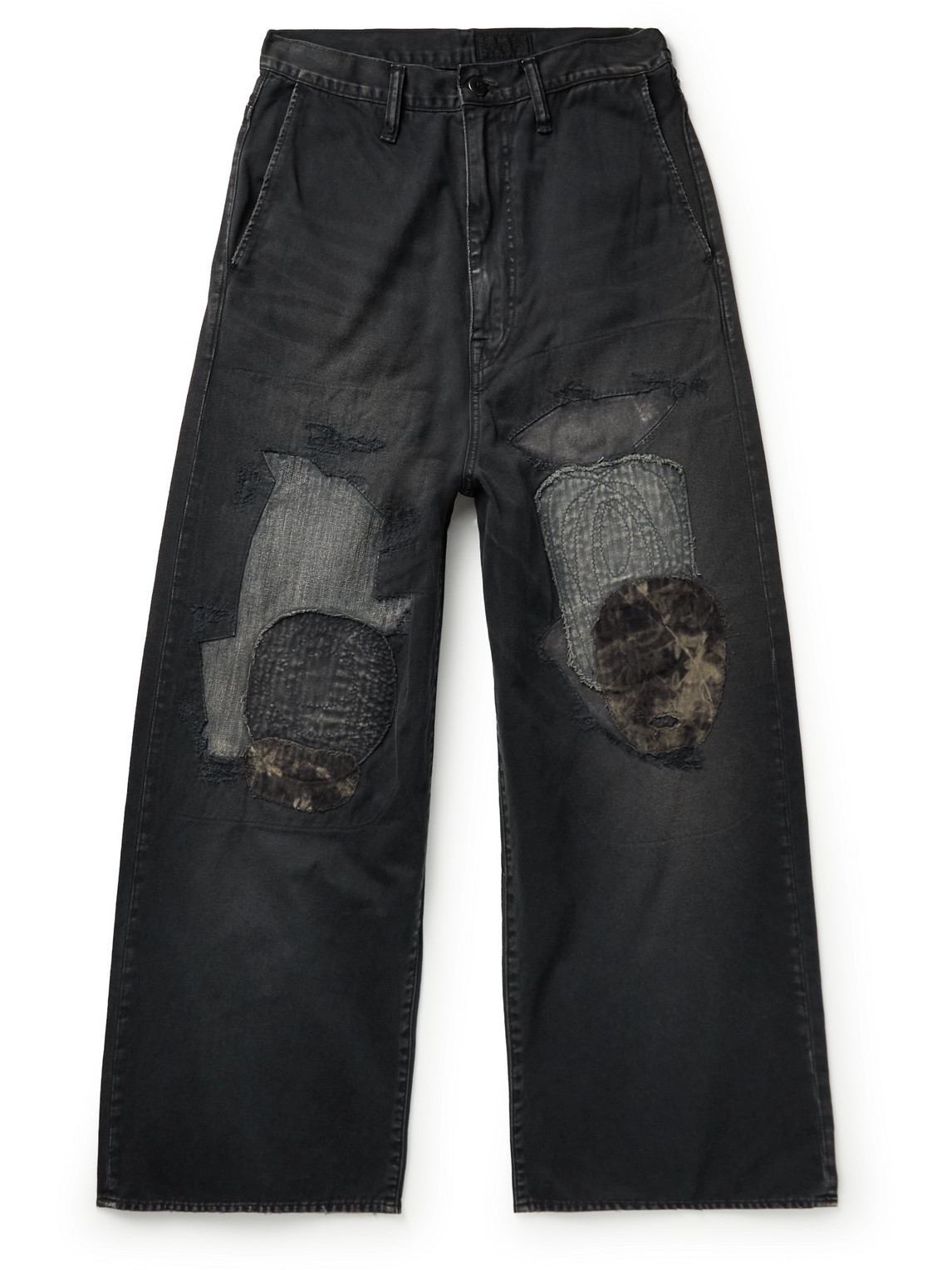 Kapital Katsuragi Port Wide-leg Patchwork Distressed Cotton-twill Trousers In Black