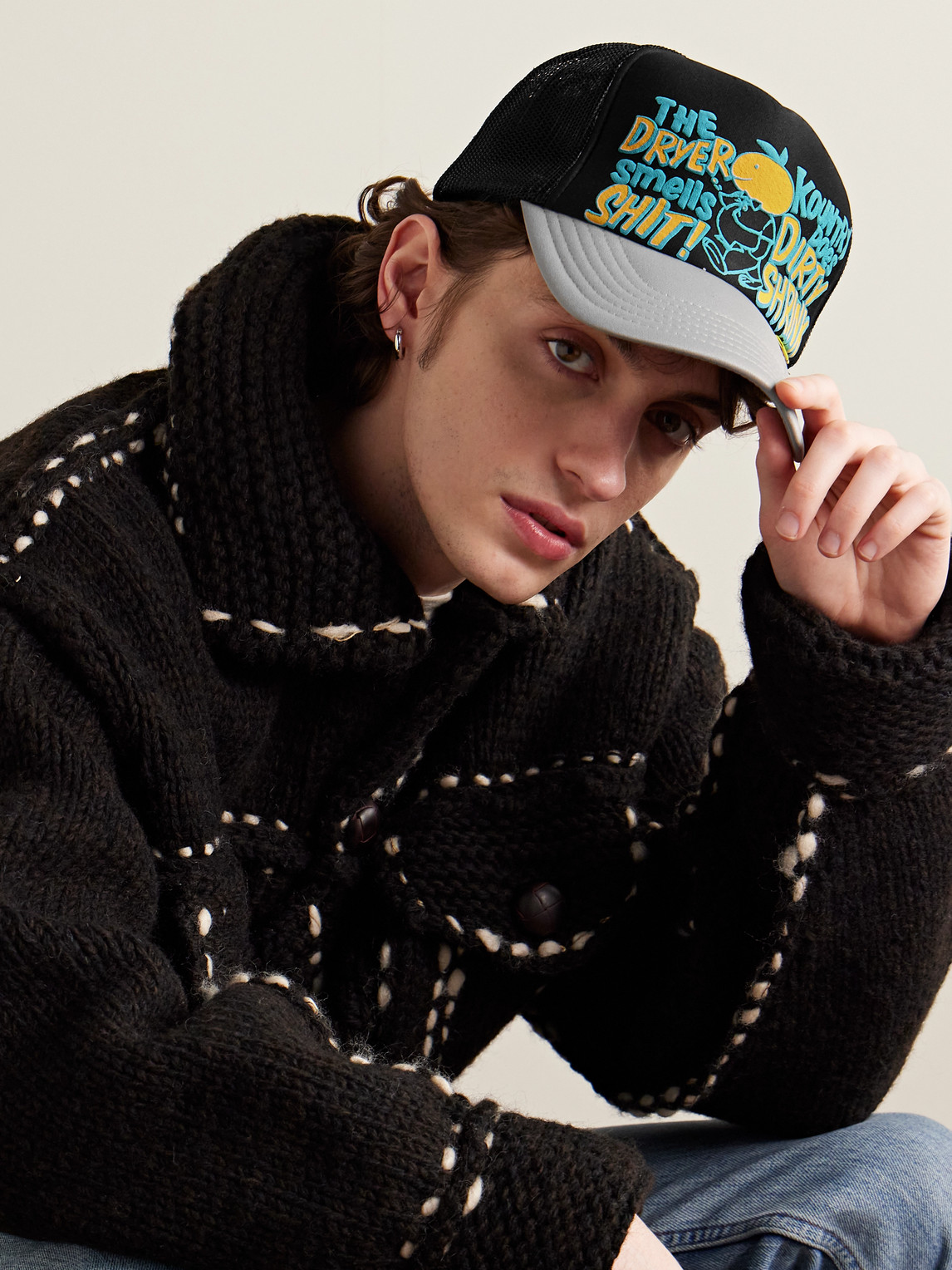 Shop Kapital Dirty Shrink Printed Colour-block Scuba And Mesh Trucker Cap In Black