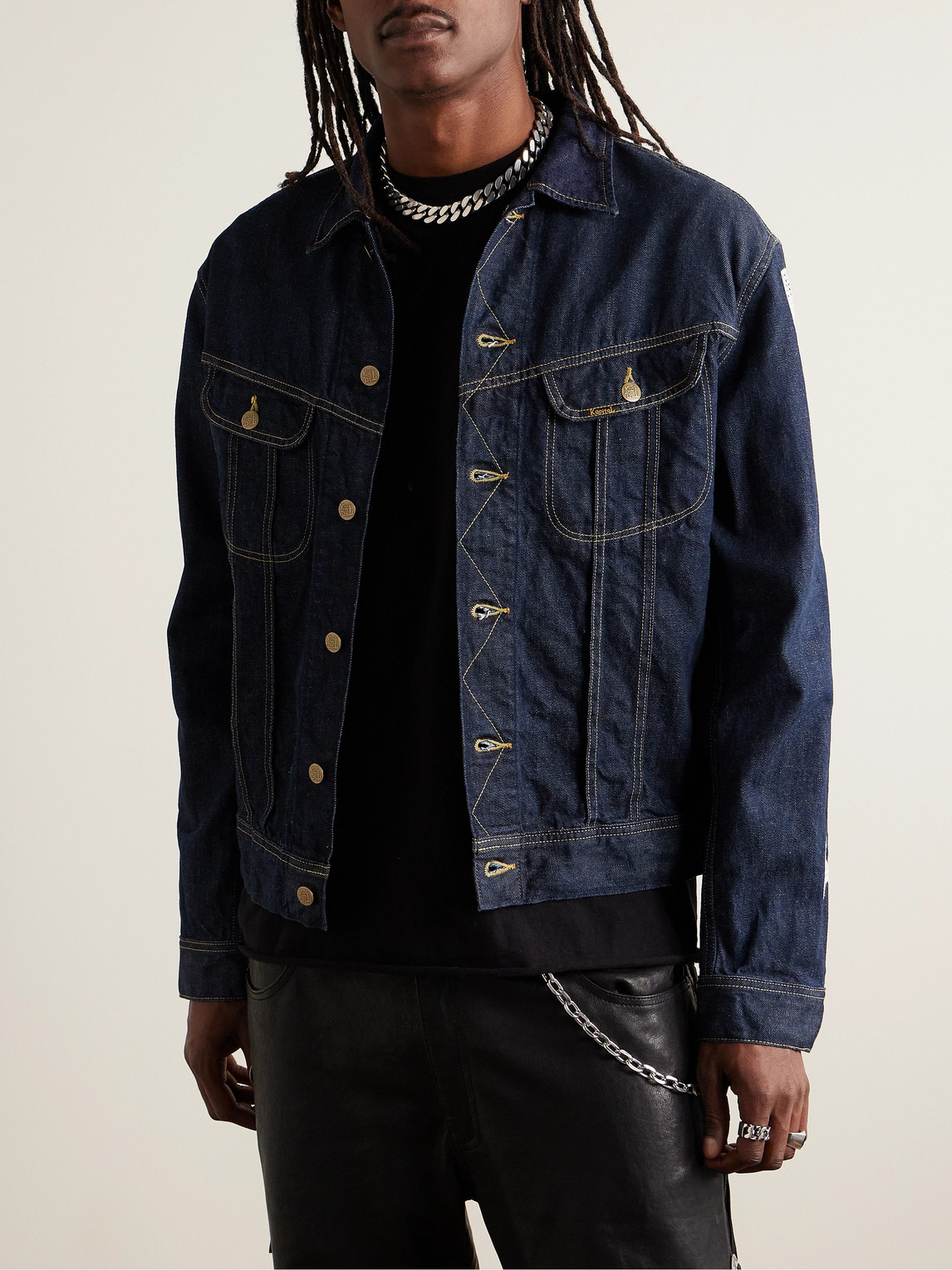 Shop Kapital Crochet-trimmed Denim Jacket In Blue