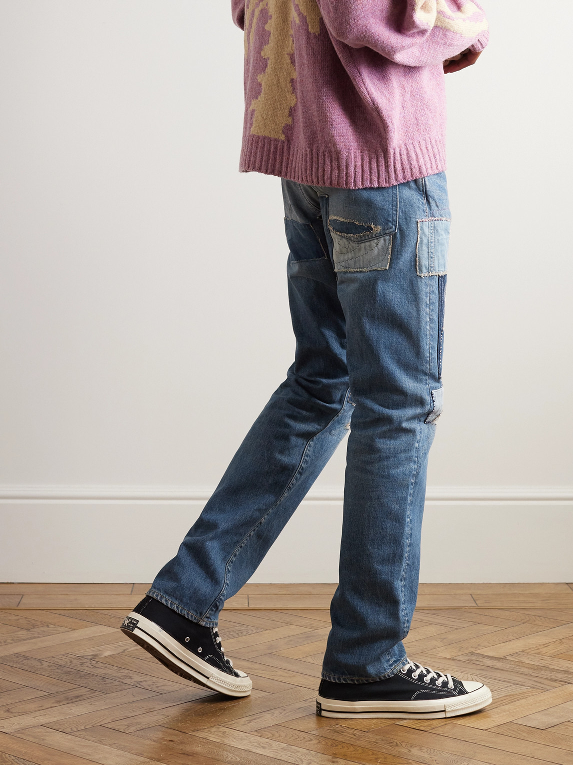 Shop Kapital Monkey Cisco Straight-leg Distressed Patchwork Jeans In Blue