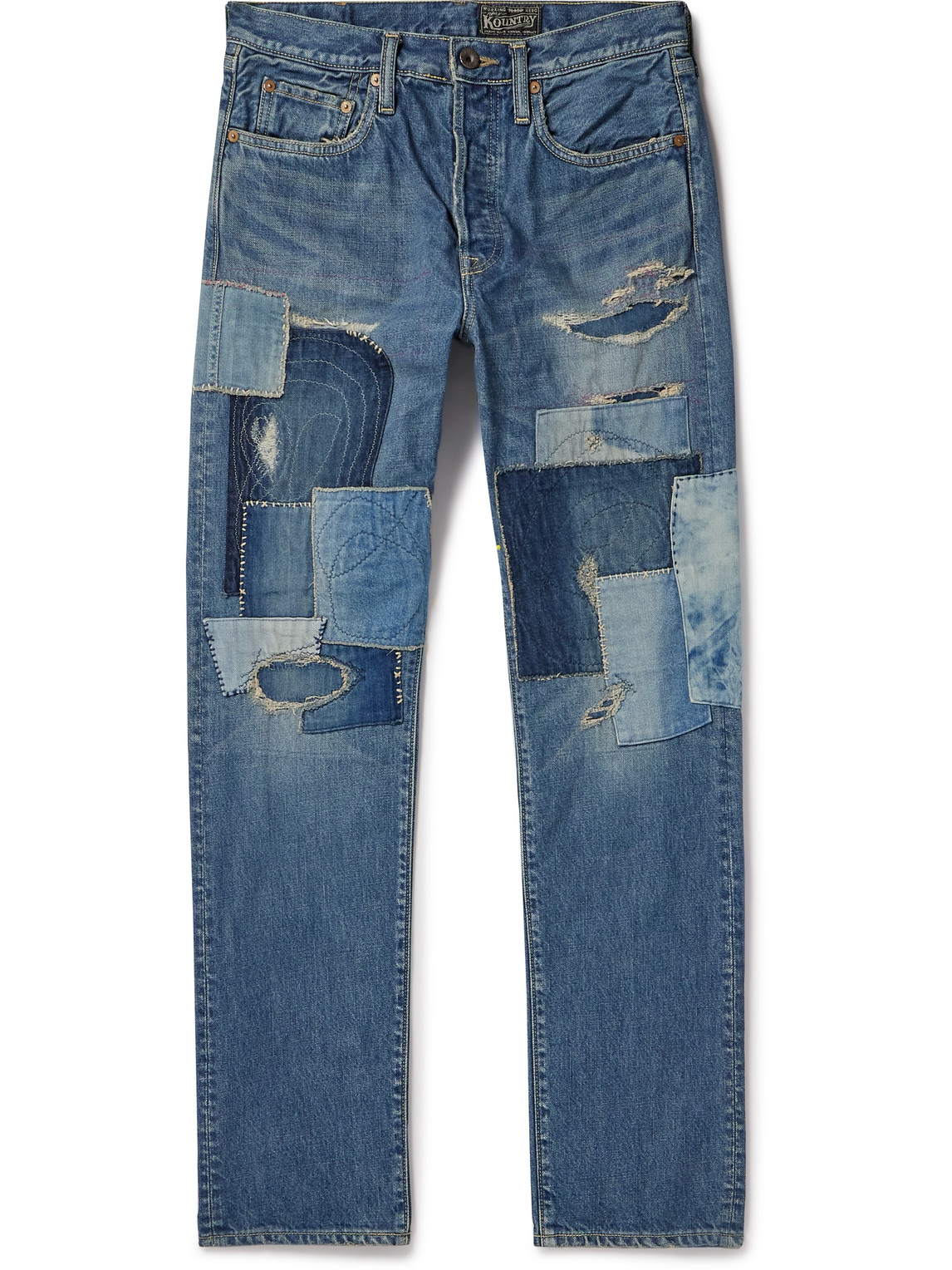 Shop Kapital Monkey Cisco Straight-leg Distressed Patchwork Jeans In Blue