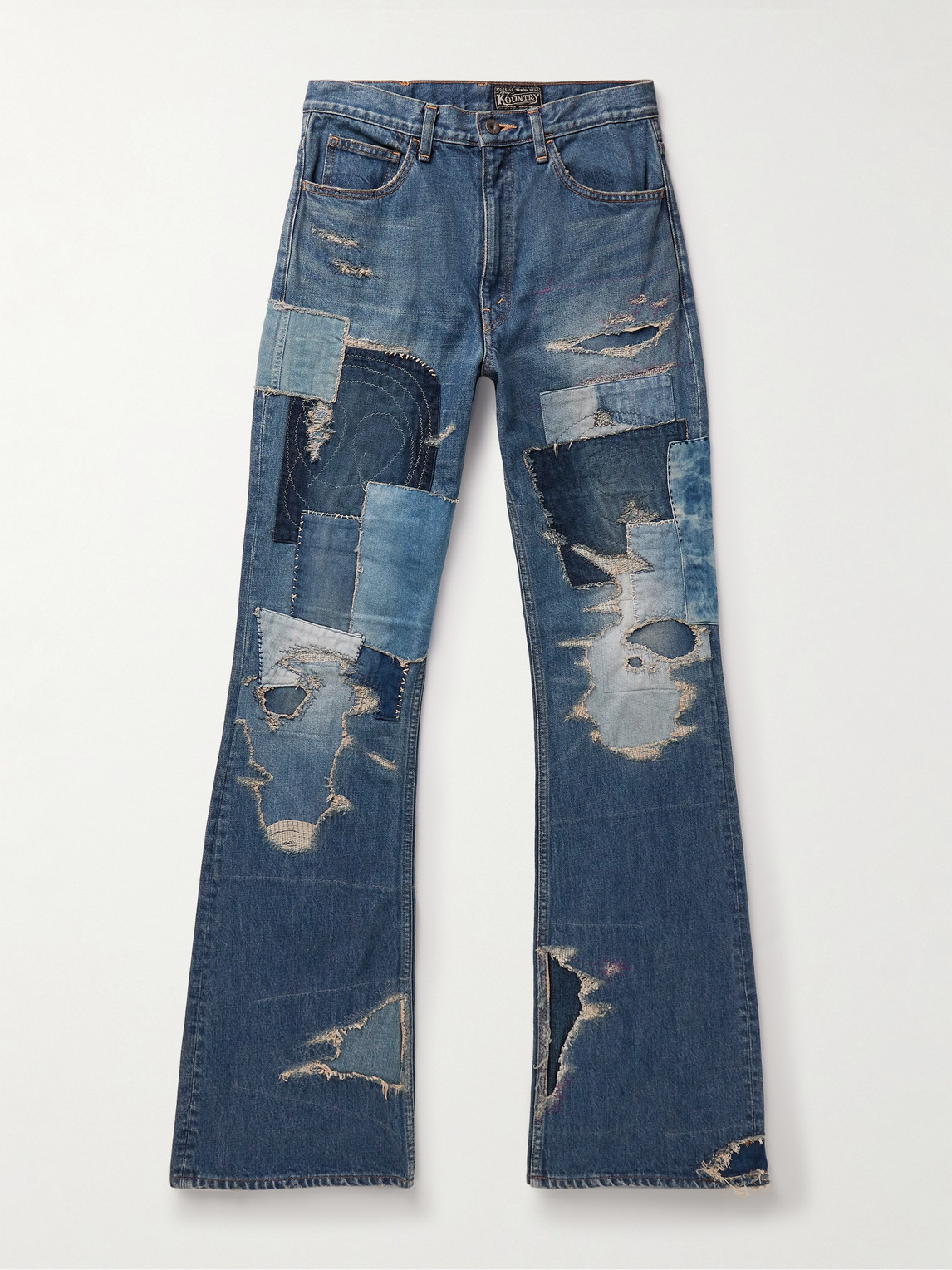 Kapital Crazy Dixie Flared Distressed Patchwork Jeans In Blue