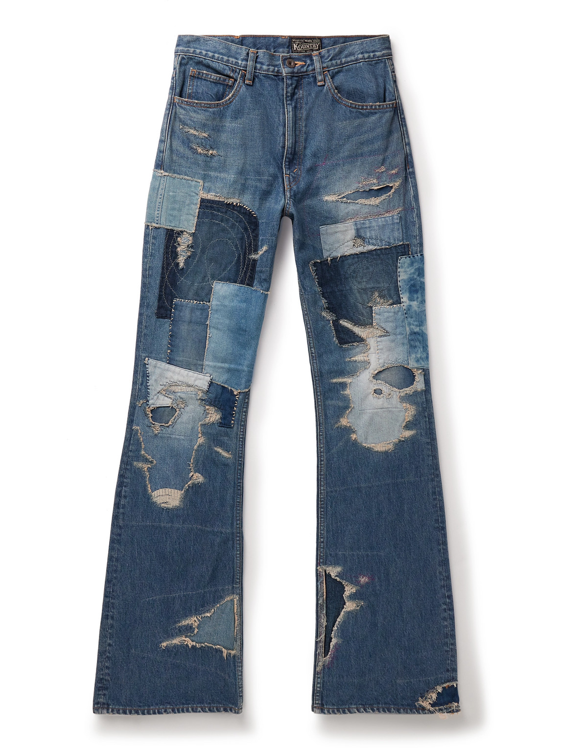Kapital Crazy Dixie Flared Distressed Patchwork Jeans In Blue